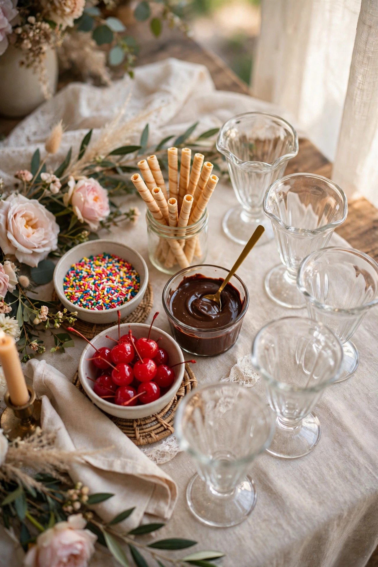 Wedding candy table idea for kids: ice cream sundae sprinkle bar