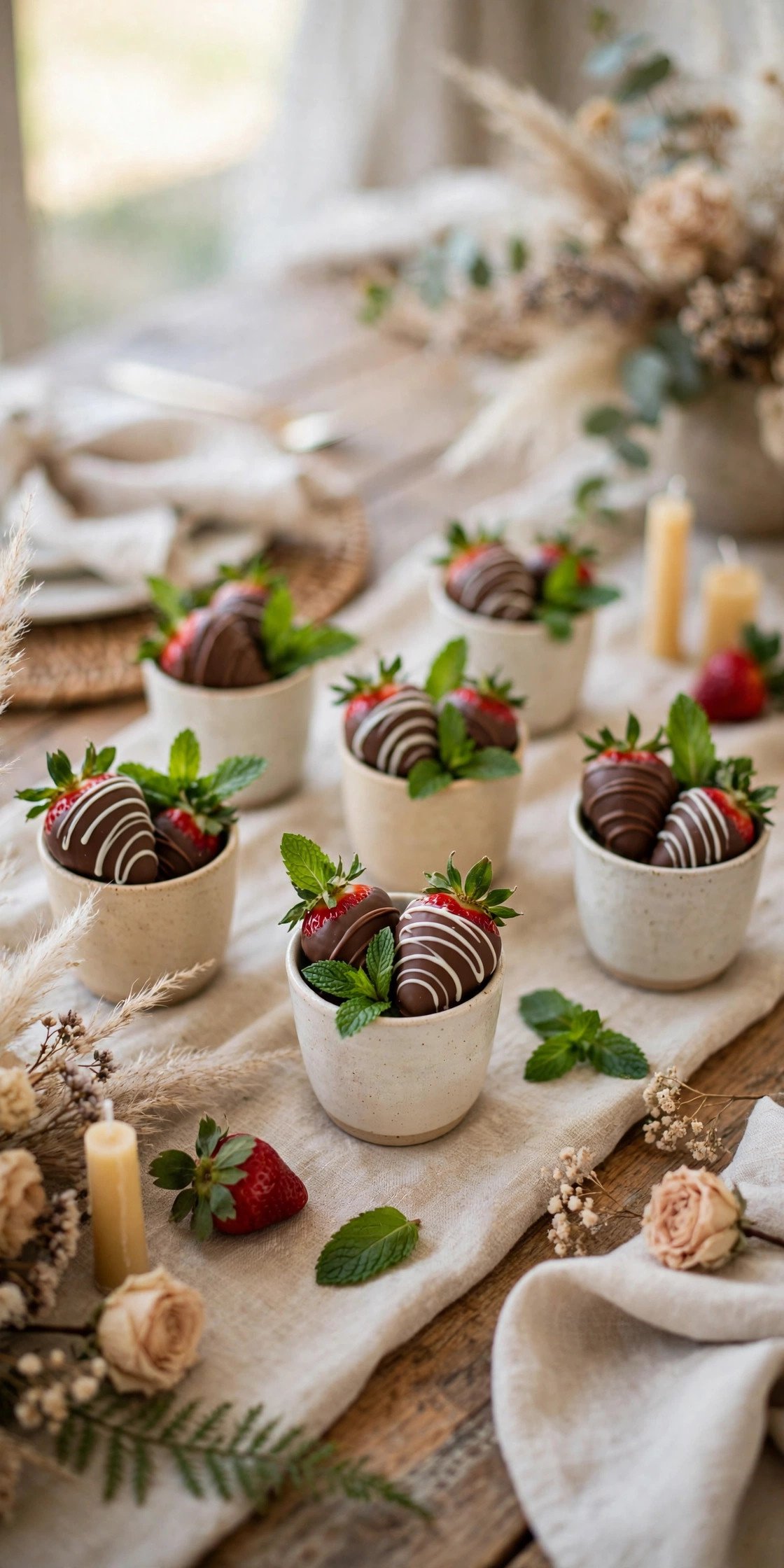 Wedding candy table idea for kids: chocolate-dipped strawberry cups