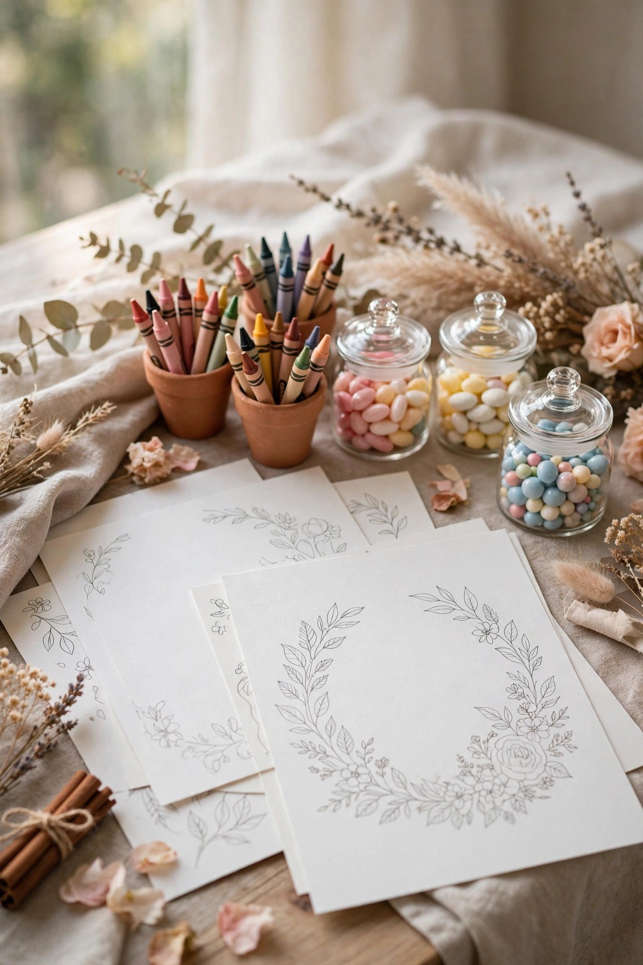 Wedding candy table idea for kids: candy & coloring combo table