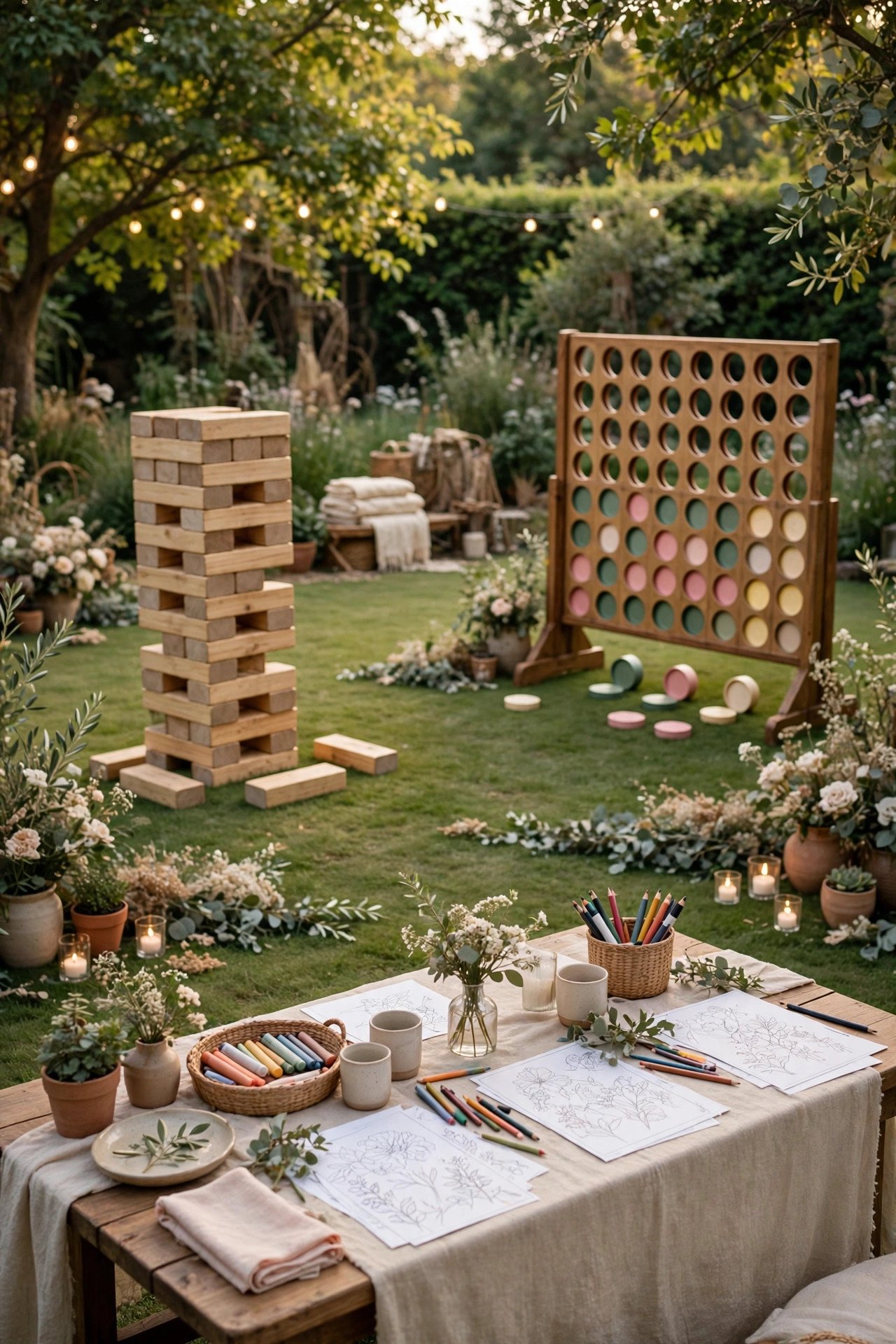 Children playing lawn games and coloring at a wedding reception while adults celebrate nearby