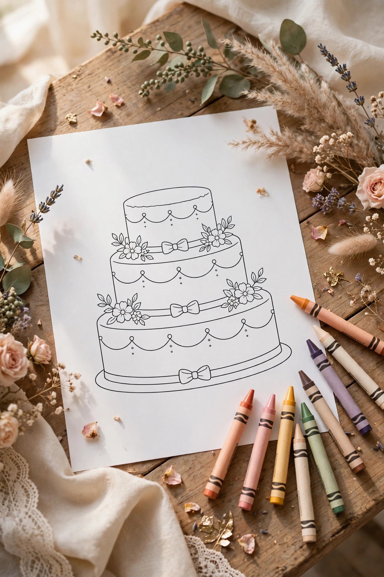 Wedding coloring page theme for kids: the wedding cake page
