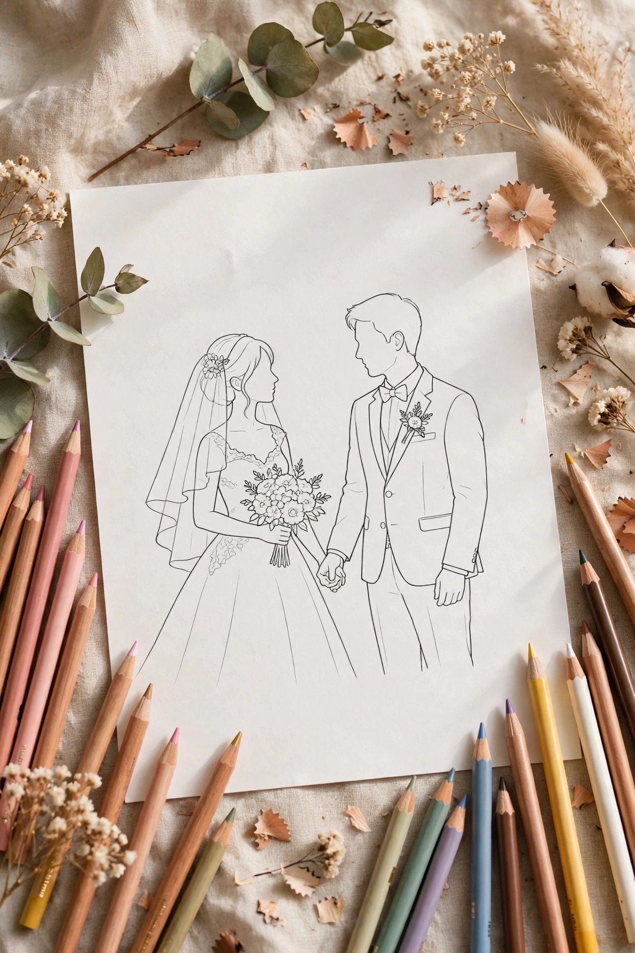 Wedding coloring page theme for kids: the happy couple portrait page