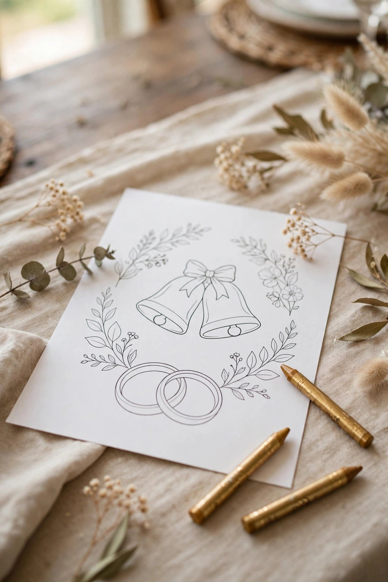 Wedding coloring page theme for kids: rings & bells page