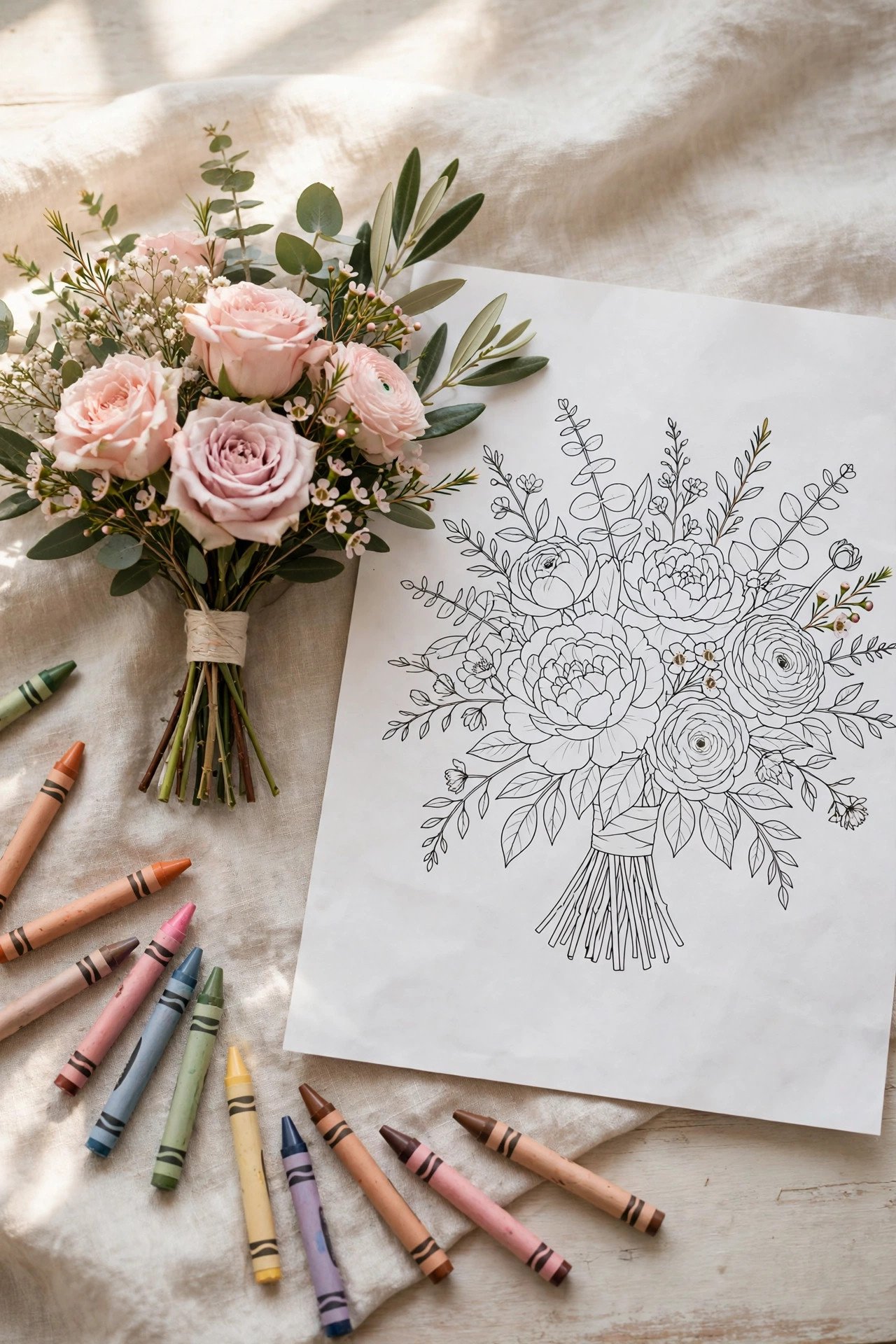 Wedding coloring page theme for kids: bouquet & flowers page