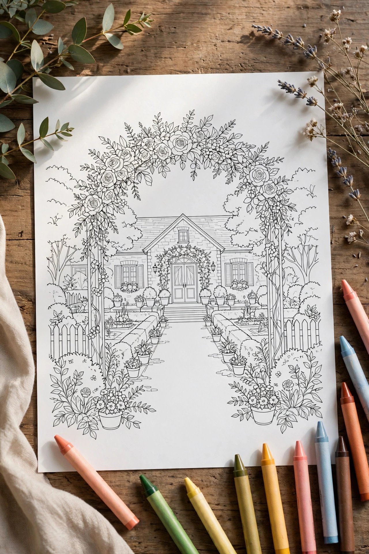 Wedding coloring page theme for kids: the venue scene page