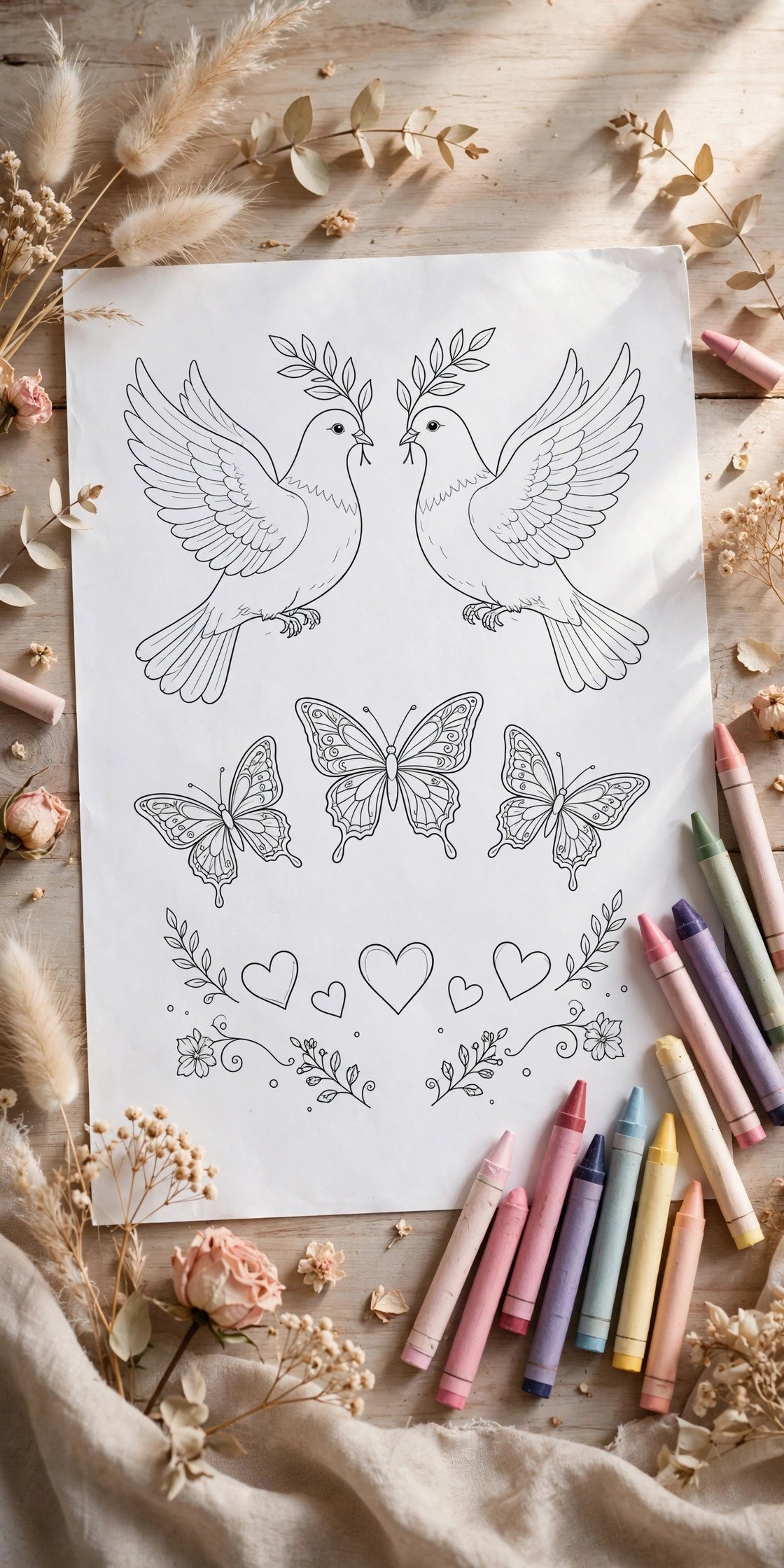 Wedding coloring page theme for kids: doves, butterflies & hearts page