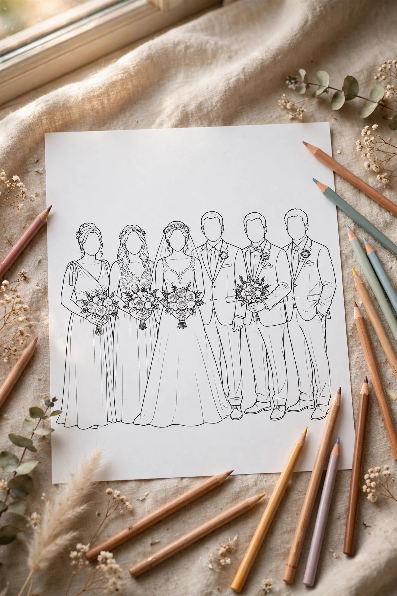 Wedding coloring page theme for kids: wedding party group page