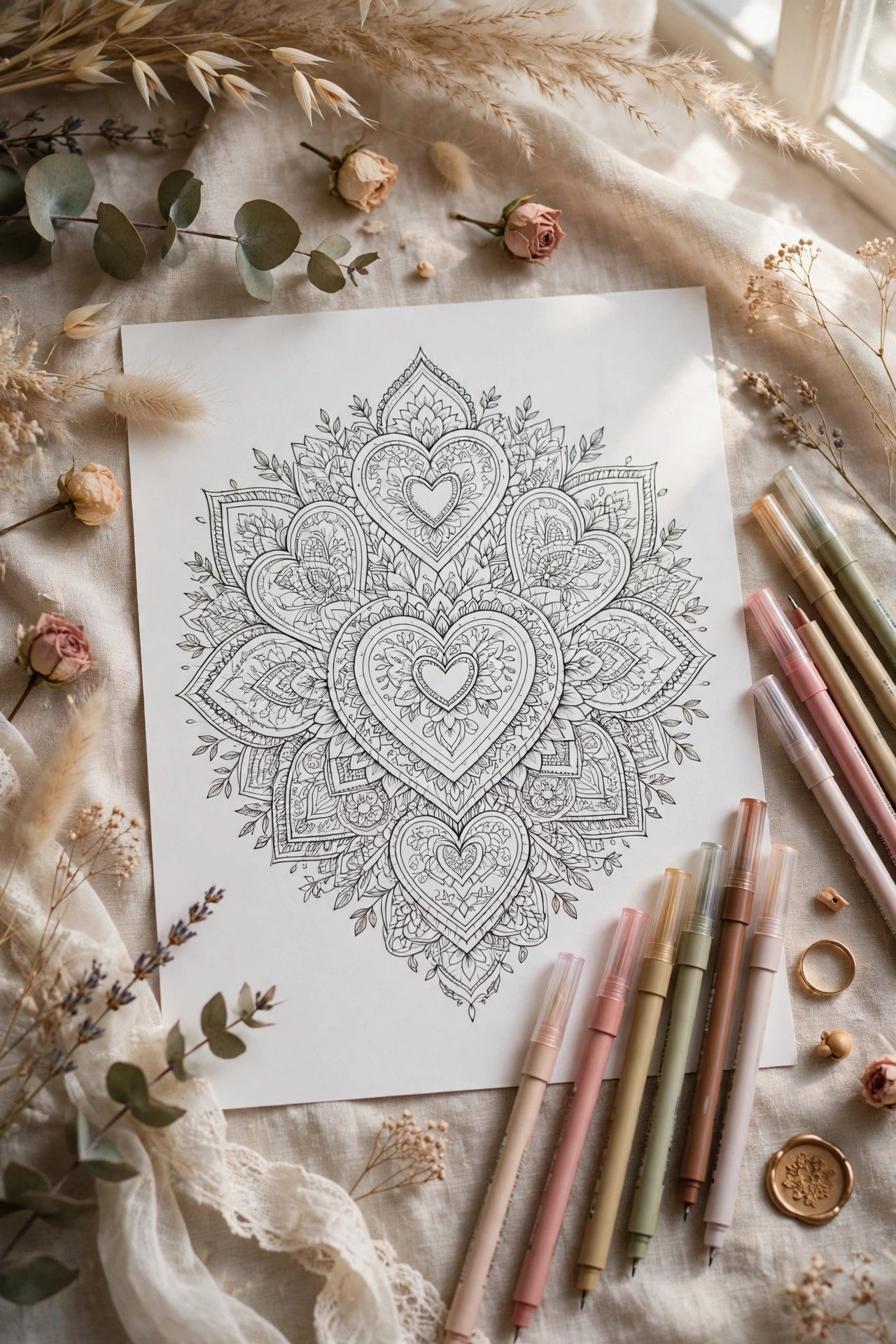 Wedding coloring page theme for kids: mandala hearts page for older kids