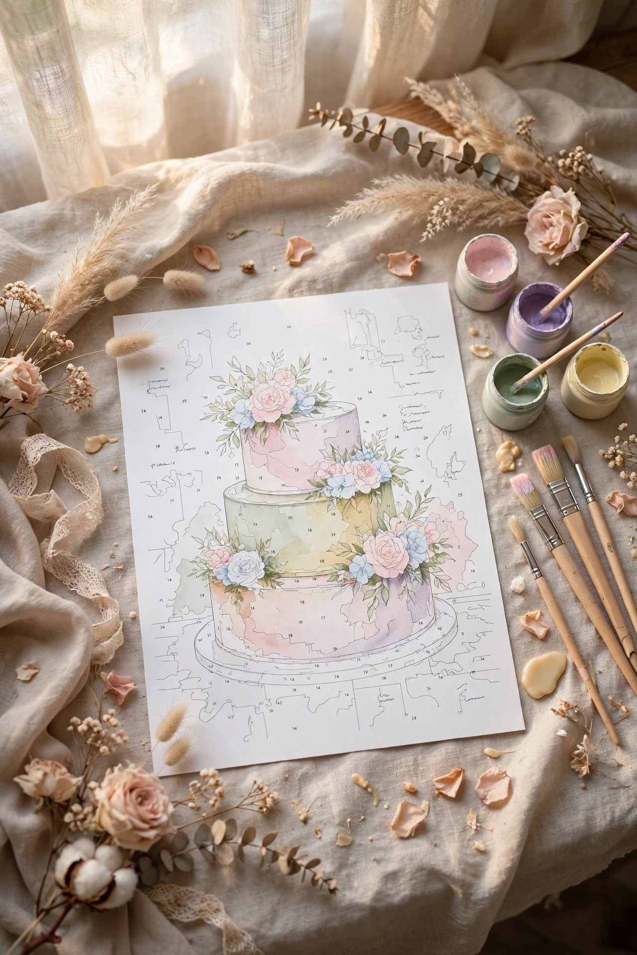 Wedding coloring page theme for kids: color-by-number cake page