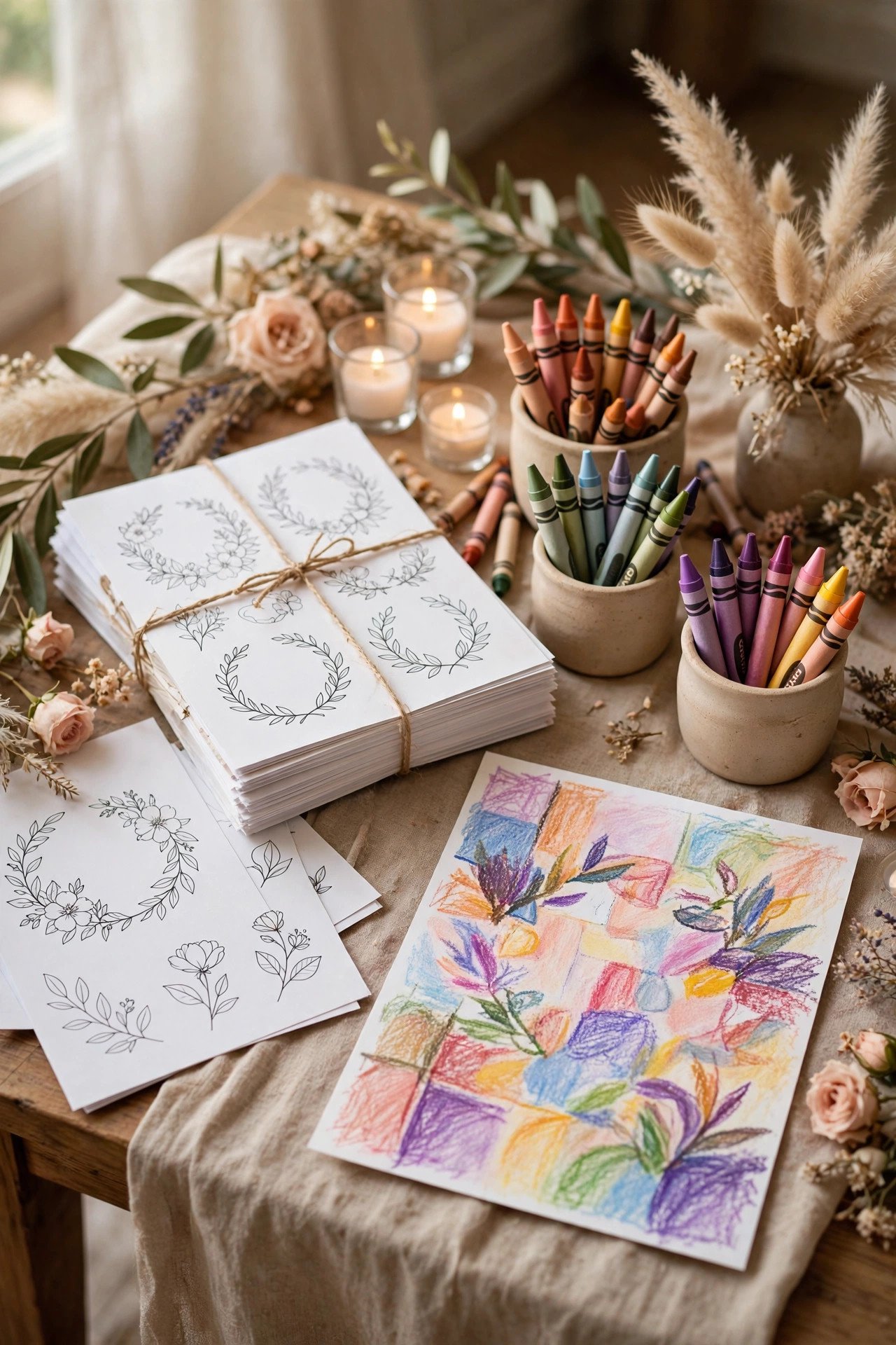 Wedding coloring station for kids with printed coloring pages, crayon pots and a finished colored picture