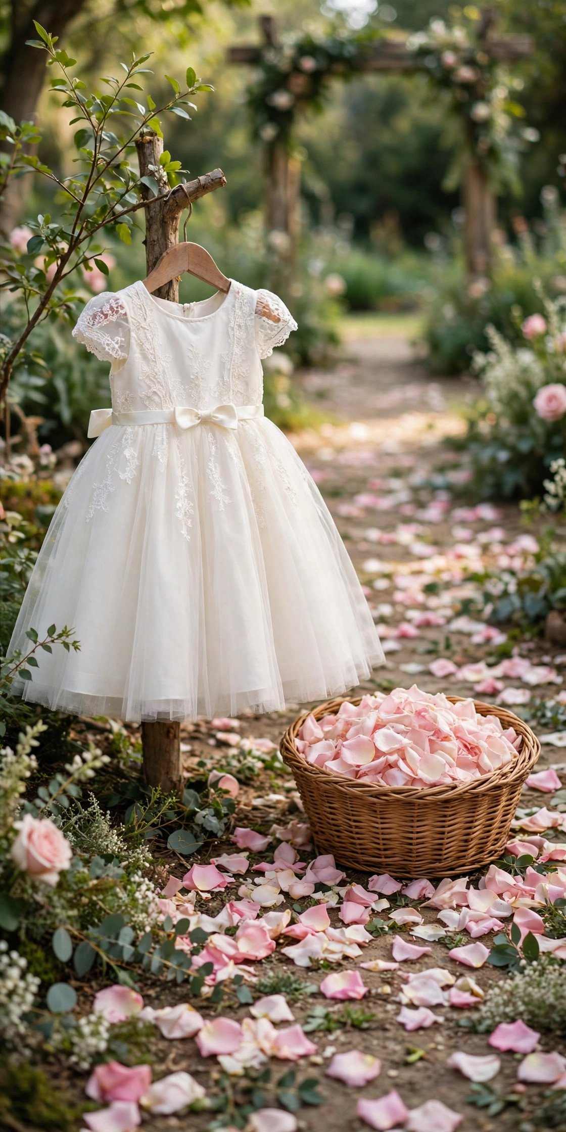A five-year-old flower girl scattering petals down a garden wedding aisle