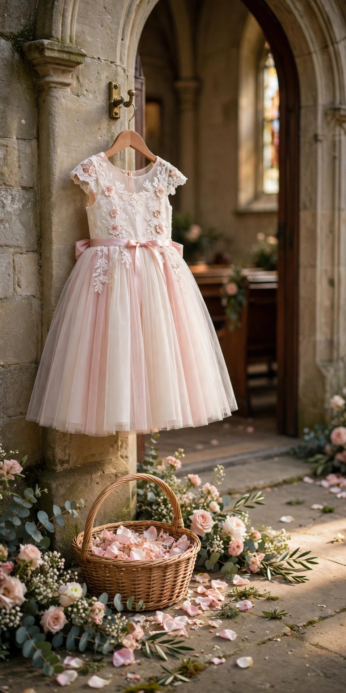 A five-year-old flower girl smiling as she walks down a church aisle