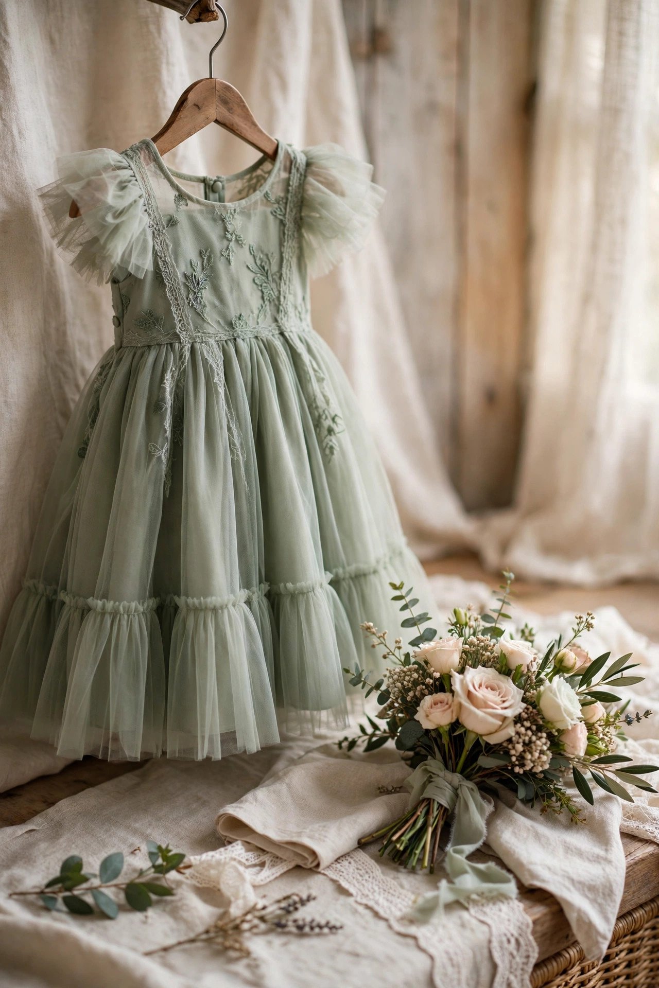 A seven-year-old flower girl walking gracefully in a sage green dress