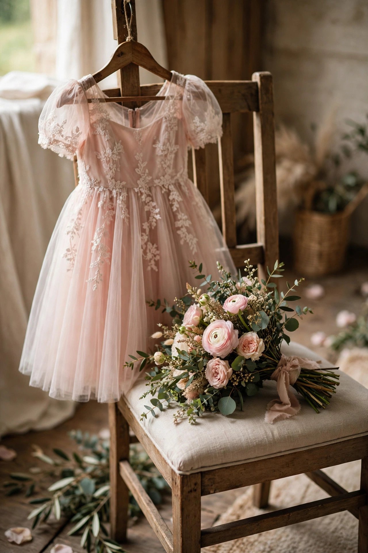 A ten-year-old junior bridesmaid walking down the aisle with a bouquet