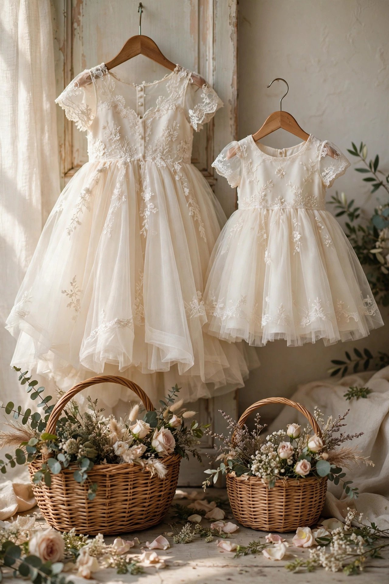 An older flower girl guiding her younger sister down the wedding aisle