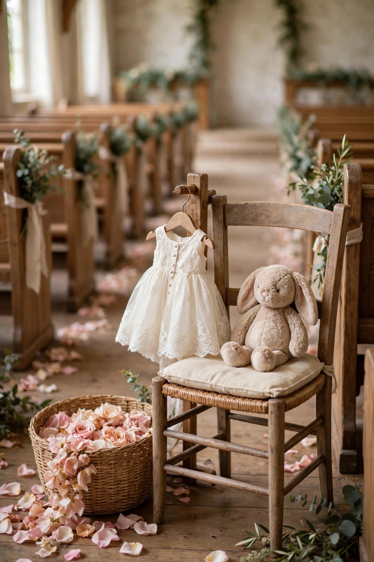 A parent gently encouraging a flower girl at the top of the aisle