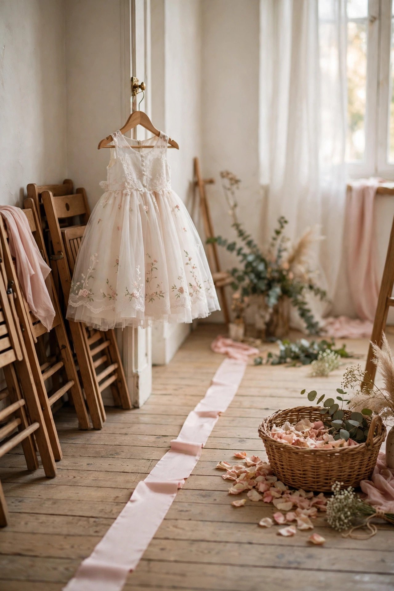 A flower girl practicing her walk during a wedding rehearsal
