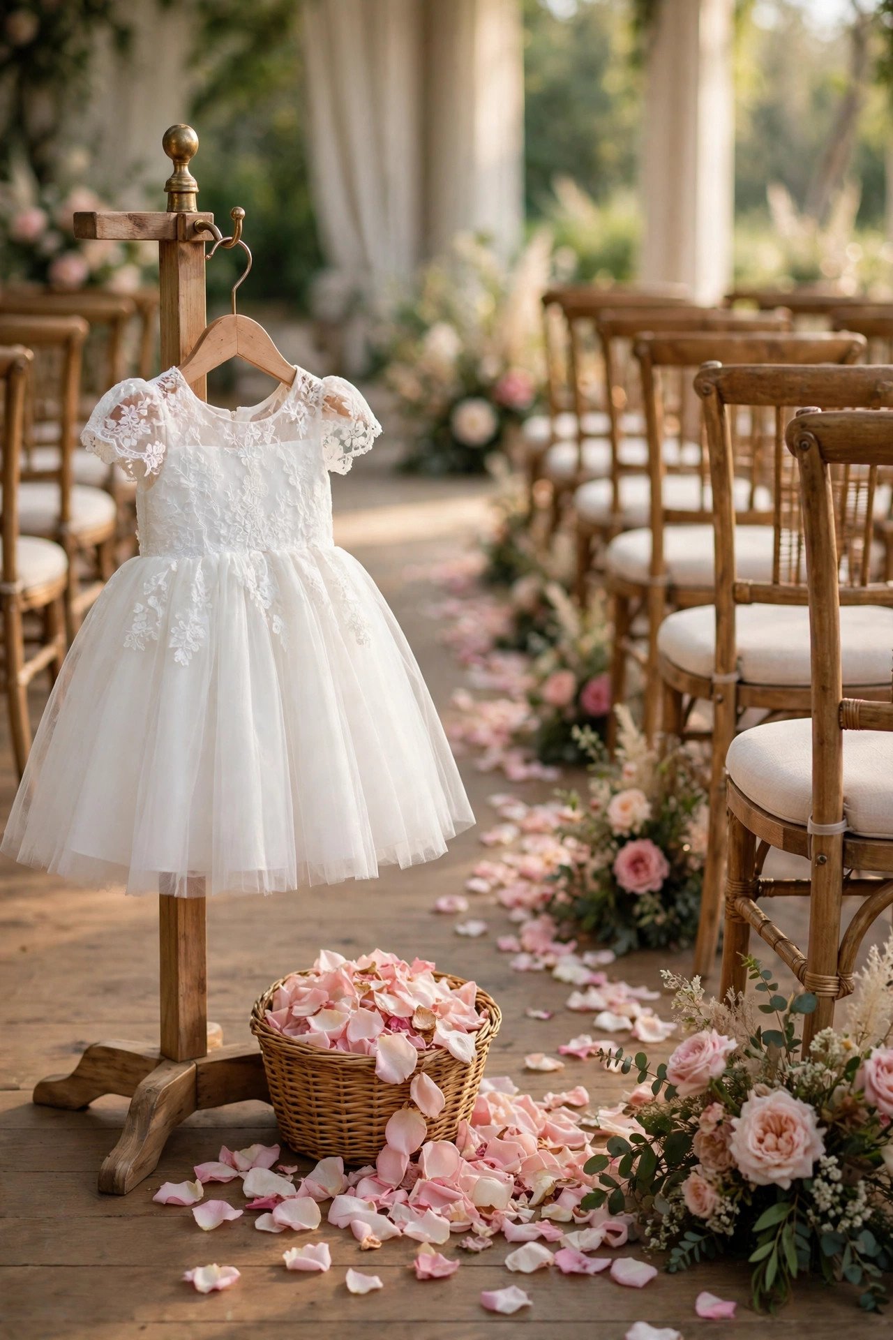 A smiling young flower girl in a white dress holding a small basket of rose petals at the start of a wedding aisle