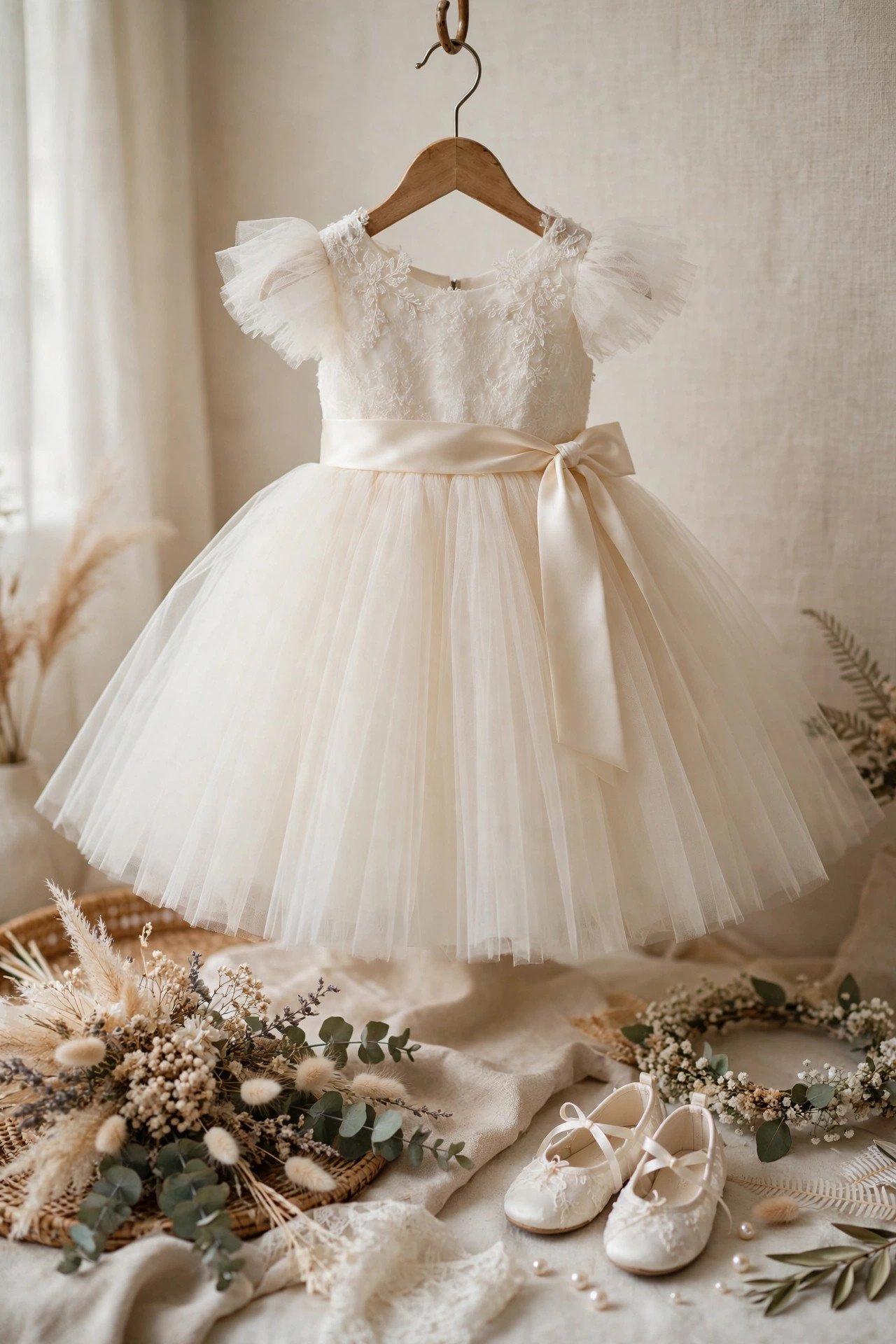 Flower girl in a classic ivory tulle ballerina dress with a satin sash