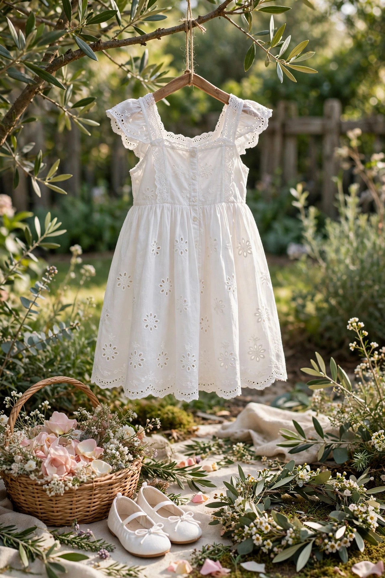 Flower girl in a white cotton eyelet sundress at a garden wedding