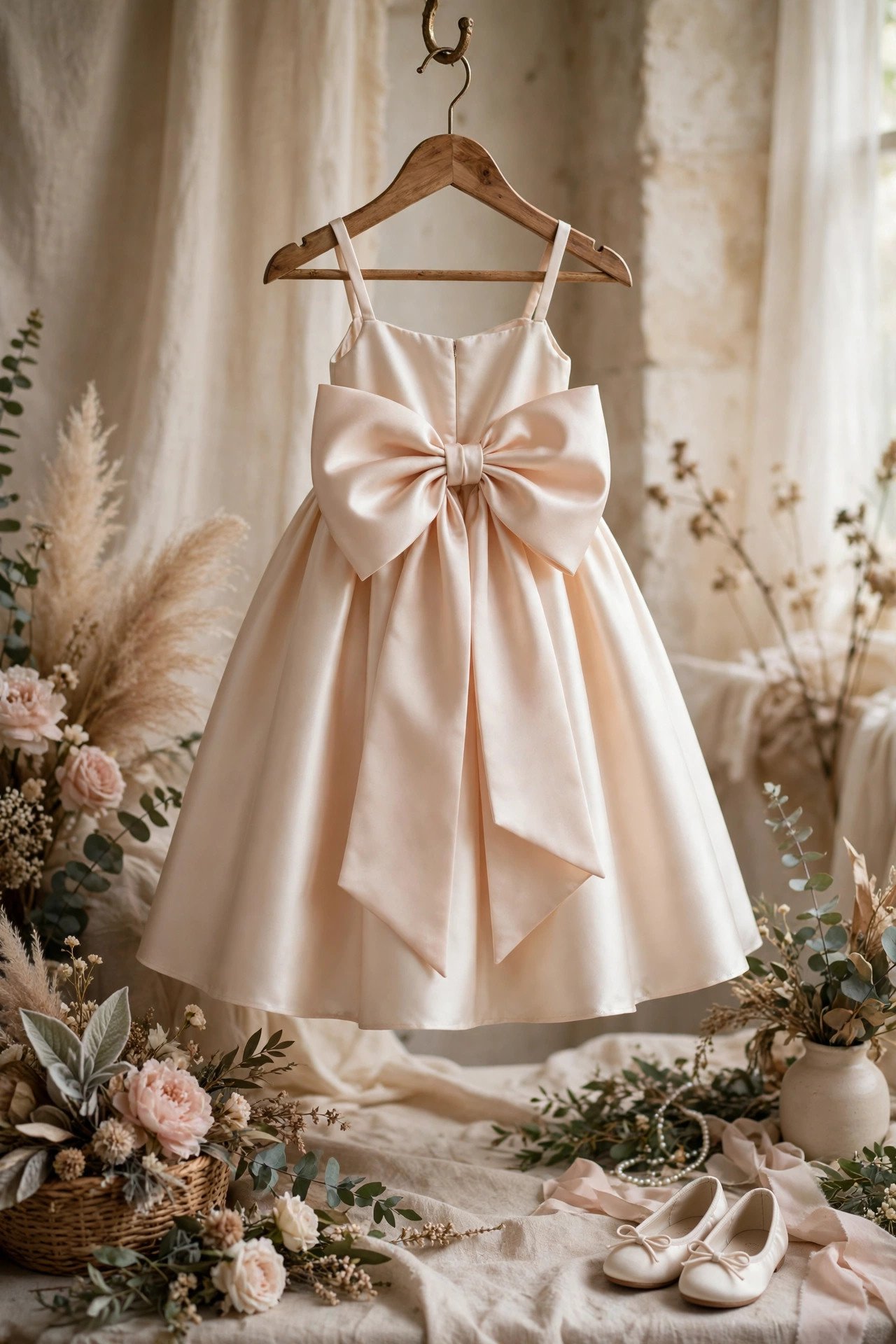 Flower girl in a satin A-line dress with a large bow sash at the back