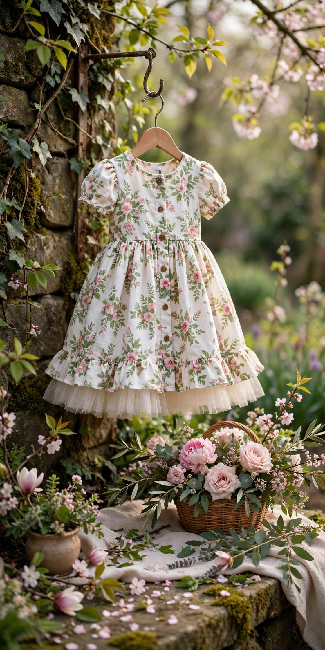 Flower girl wearing a floral print dress with pink and green blossoms