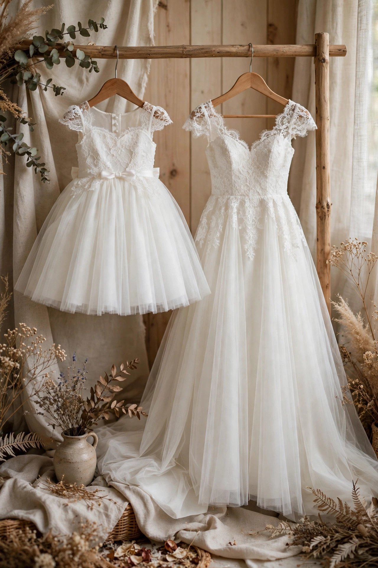 Flower girl in a miniature version of the bride's wedding dress style