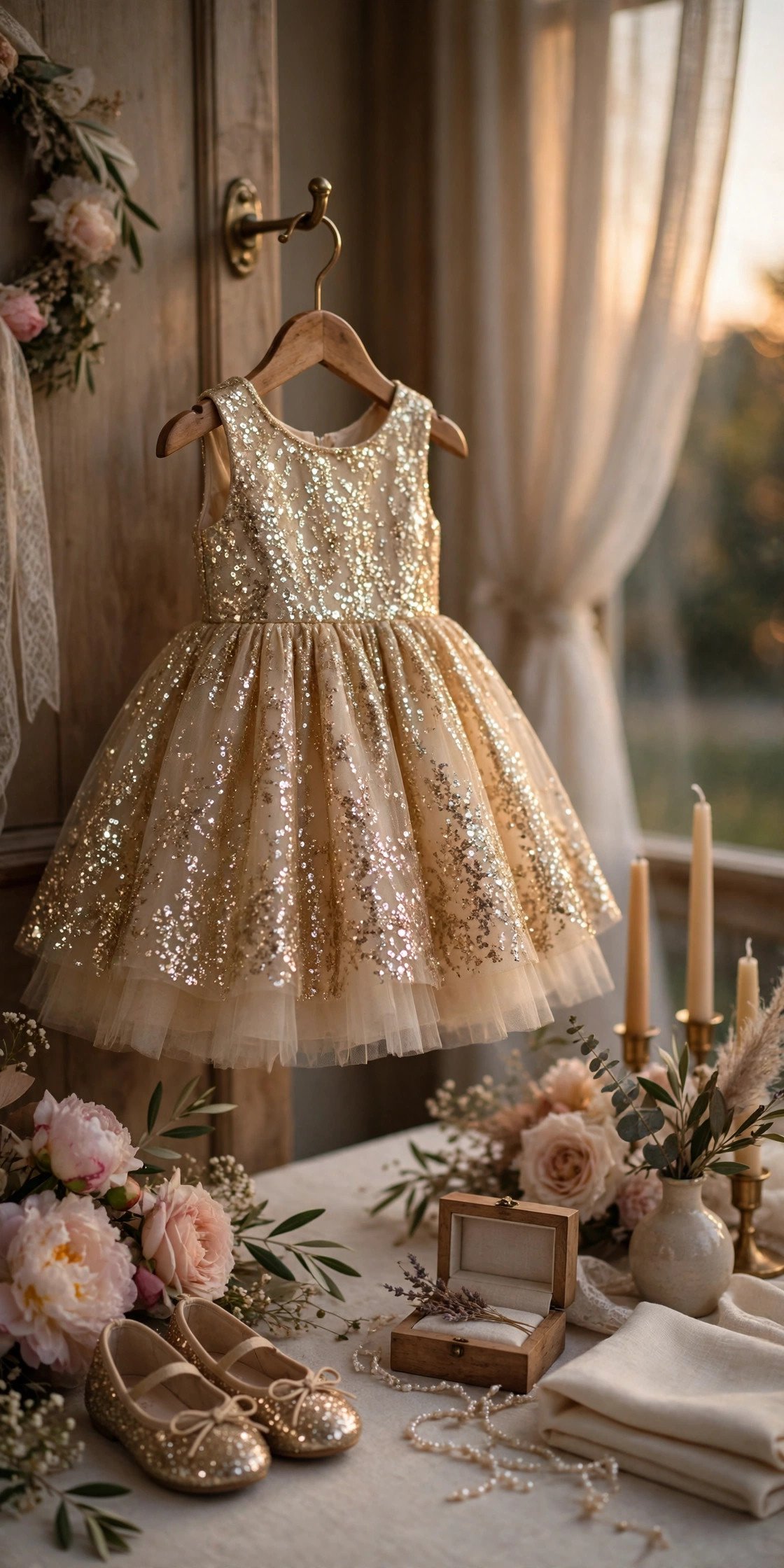 Flower girl in a gold sequin dress at an elegant evening wedding
