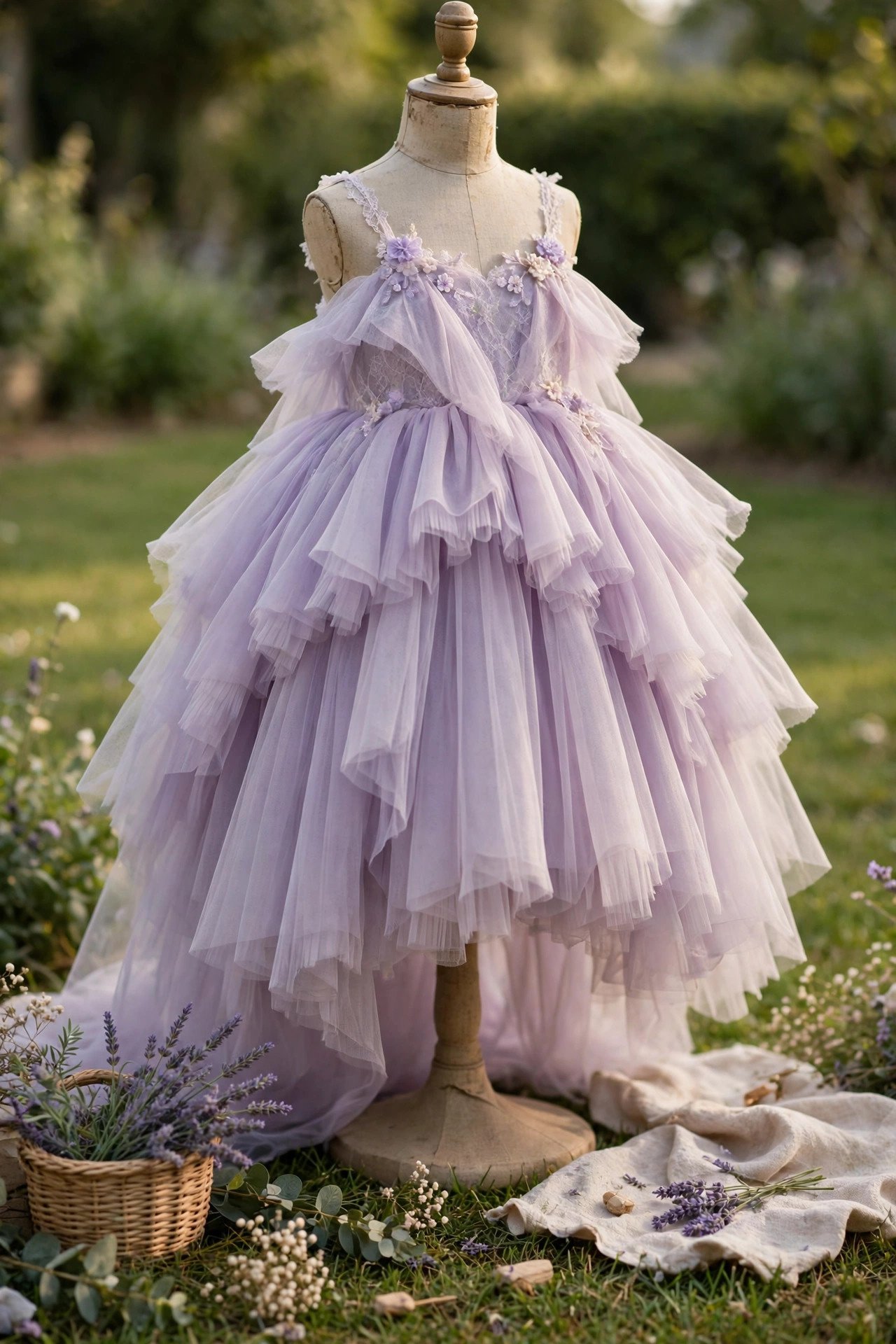 Flower girl in a lavender layered tulle dress twirling on a lawn