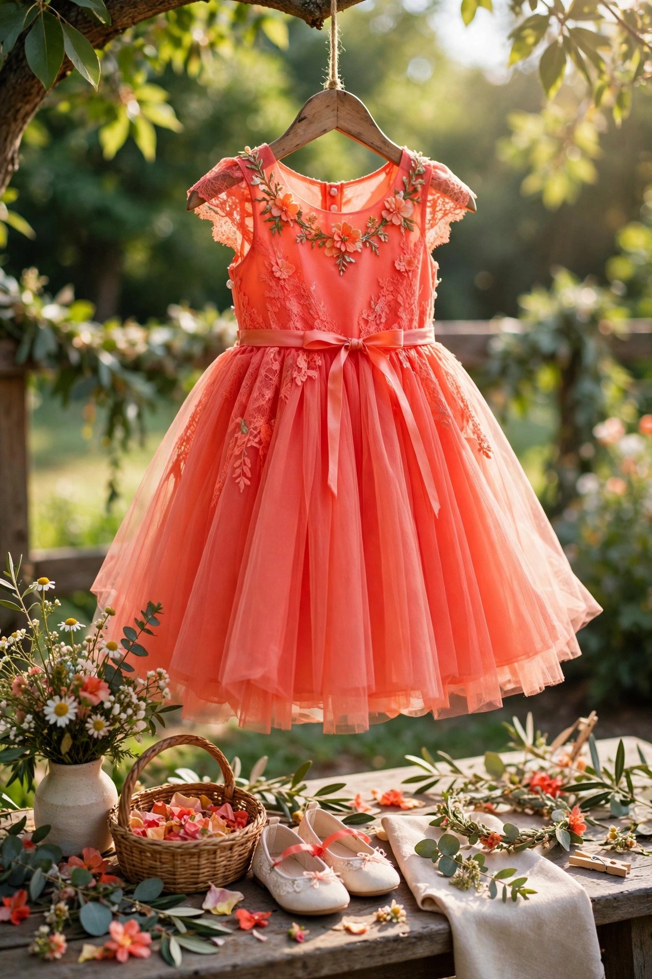 Flower girl in a bright coral dress at a summer outdoor wedding