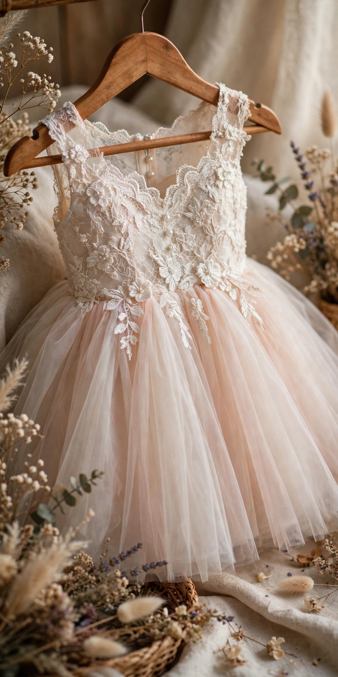 Flower girl in a dress with a lace bodice and flowing tulle skirt