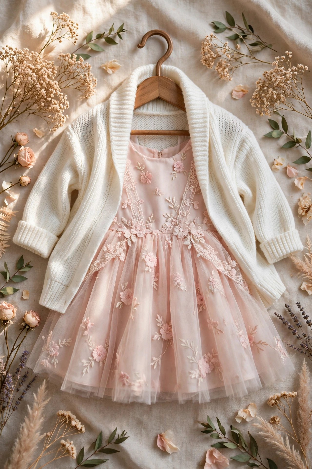 Flower girl in a sleeveless dress with a white knit cardigan