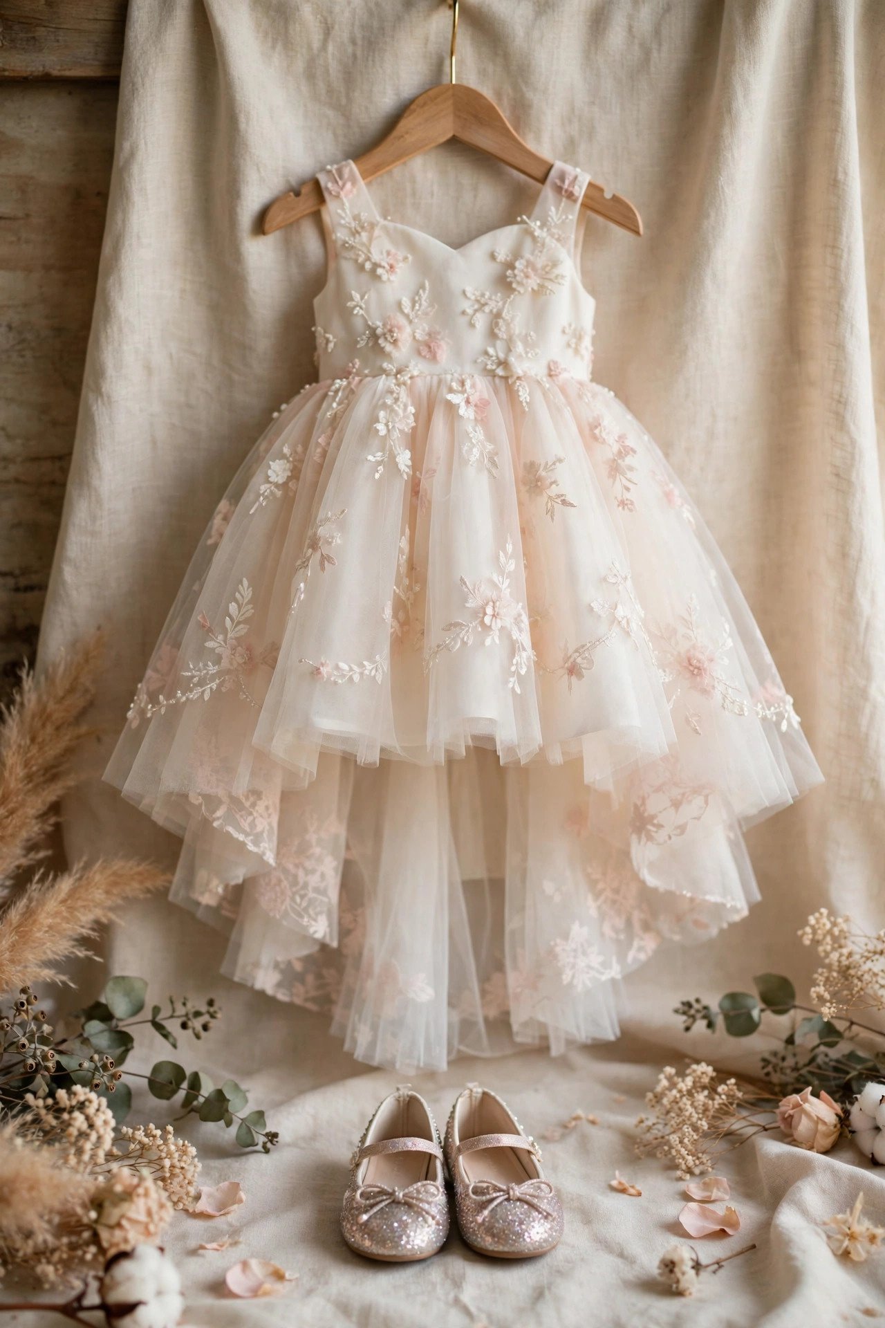 Flower girl in a high-low hem dress showing her sparkly shoes