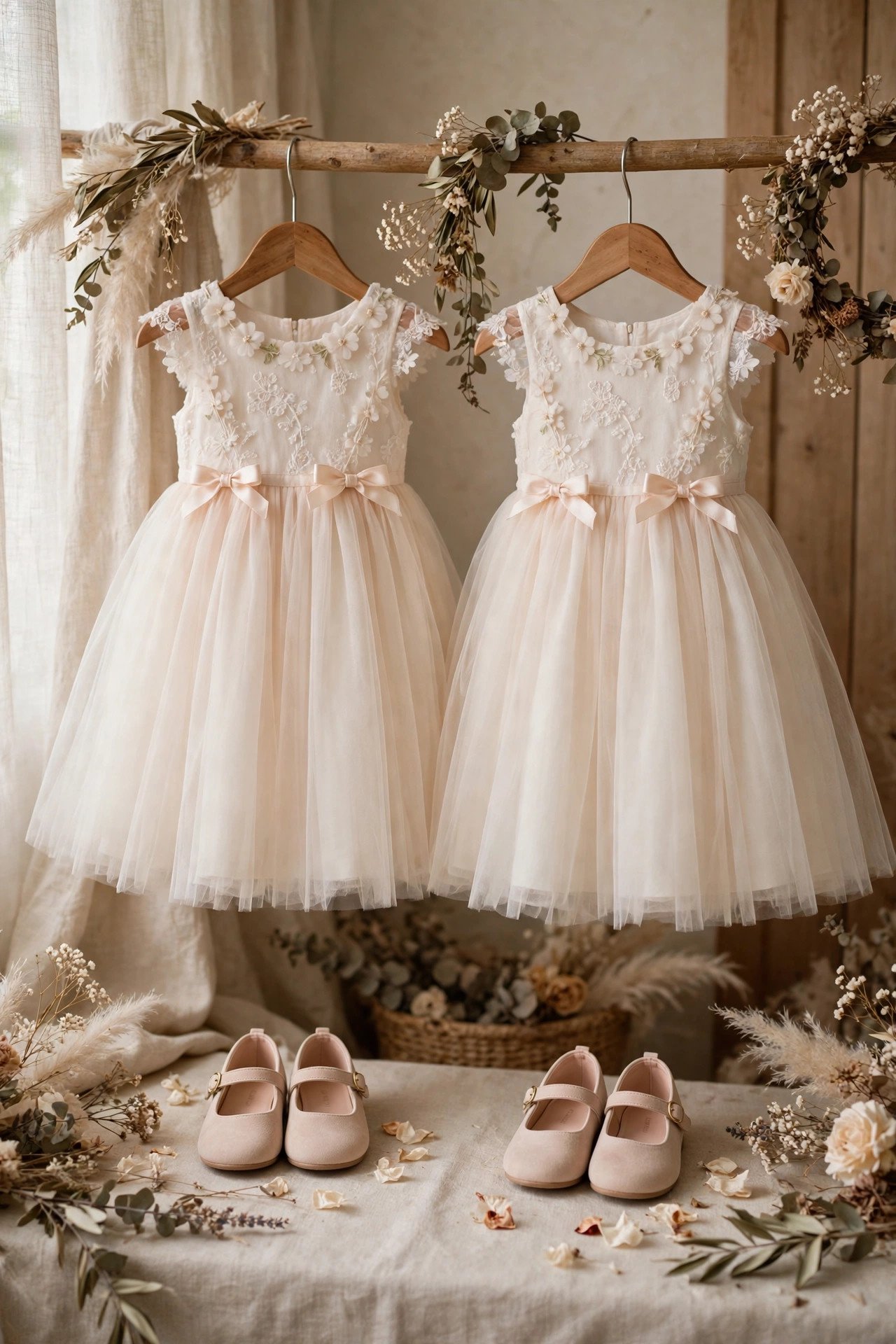 Two sisters in matching flower girl dresses holding hands