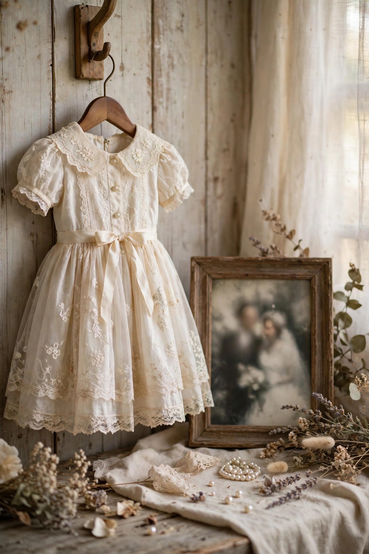 Flower girl wearing a vintage family heirloom dress beside an old wedding photo