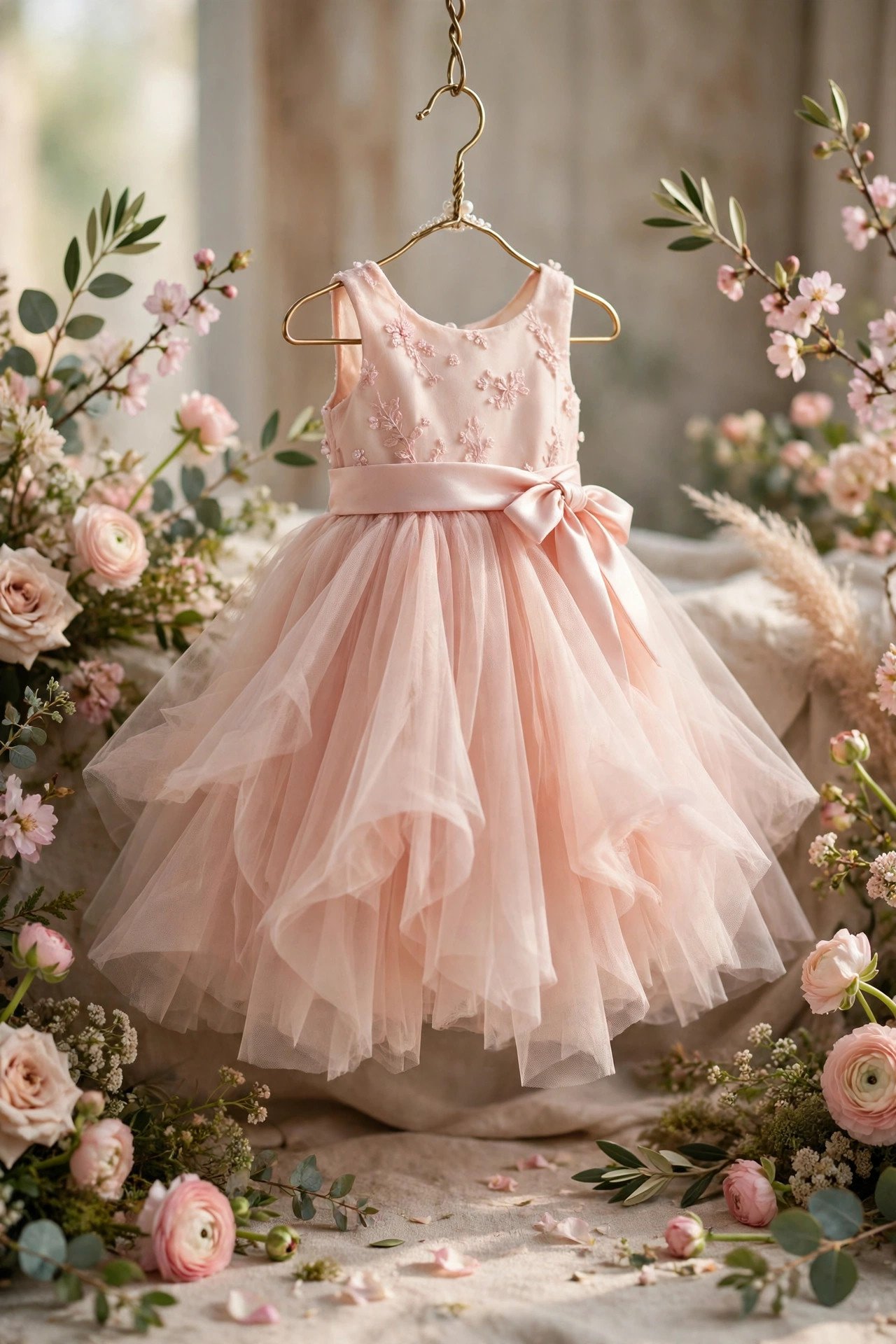 A flower girl twirling in a blush tulle dress with a satin sash at a spring wedding