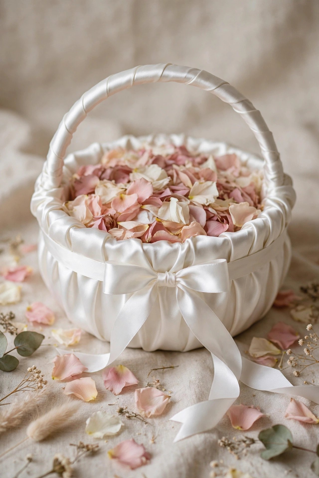 Classic white satin flower girl basket with a ribbon bow