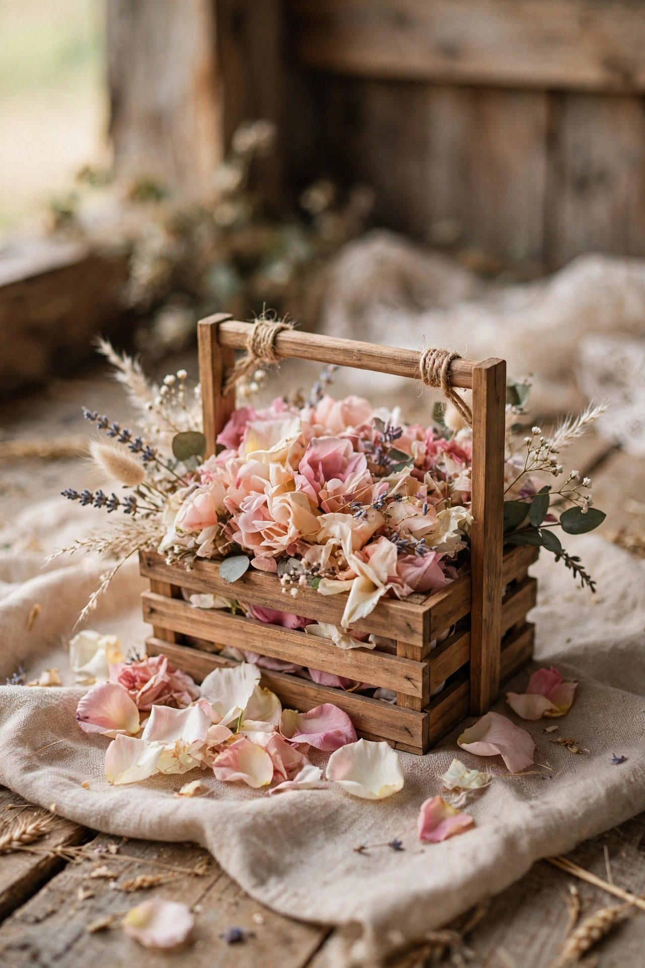 Mini wooden crate used as a flower girl basket at a barn wedding