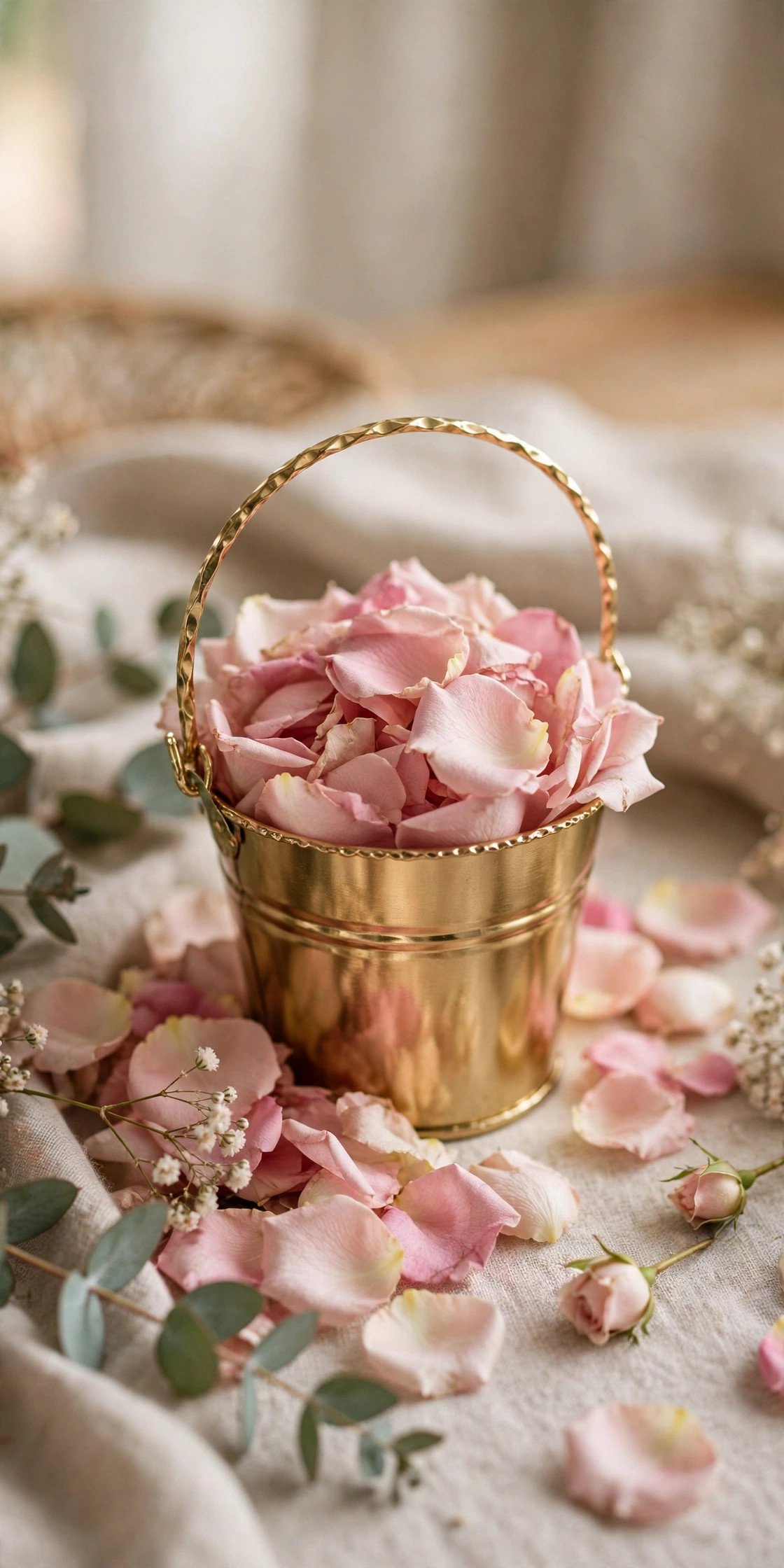 Small gold metal pail used as a flower girl basket