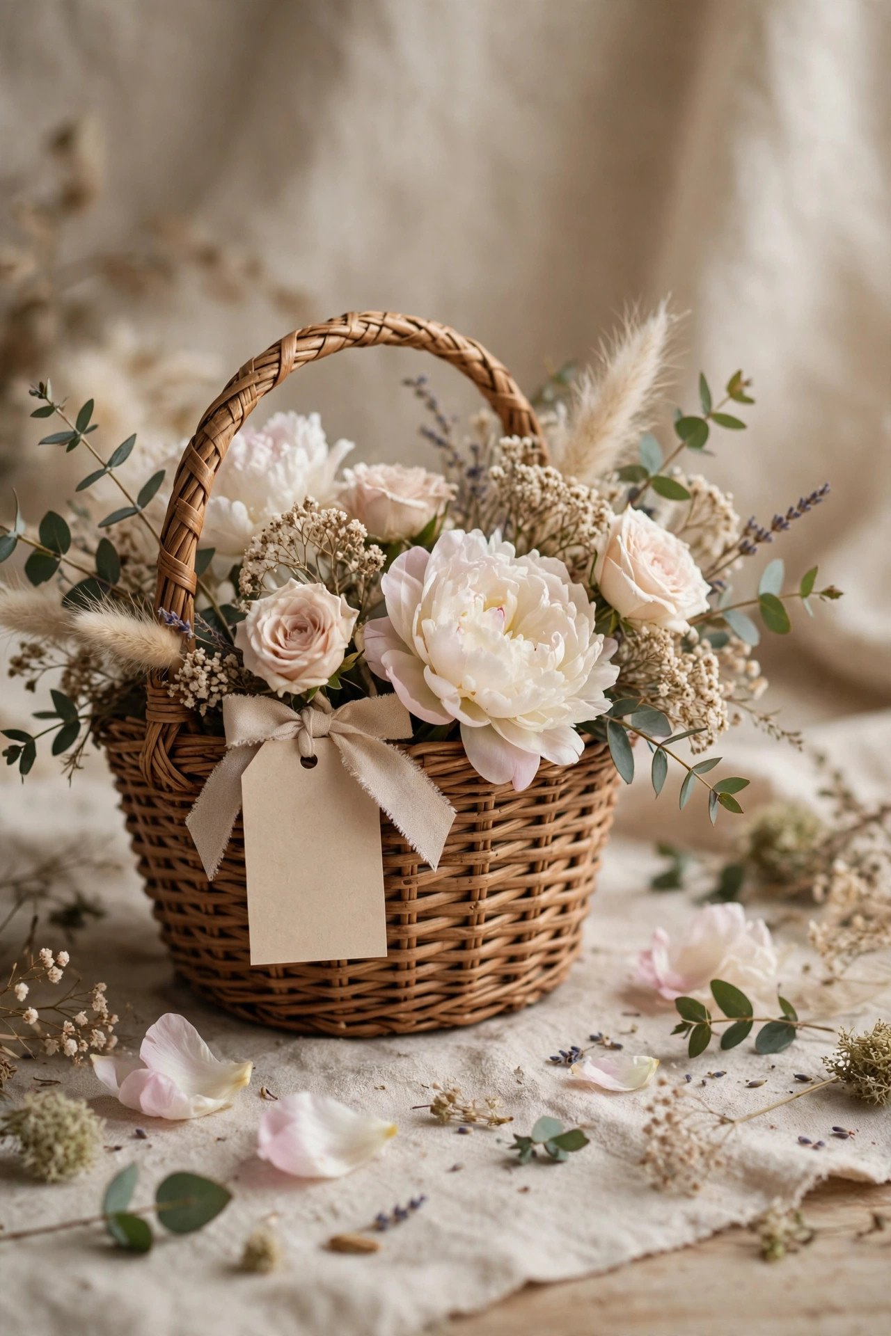 Personalized flower girl basket with the girl's name on a ribbon tag