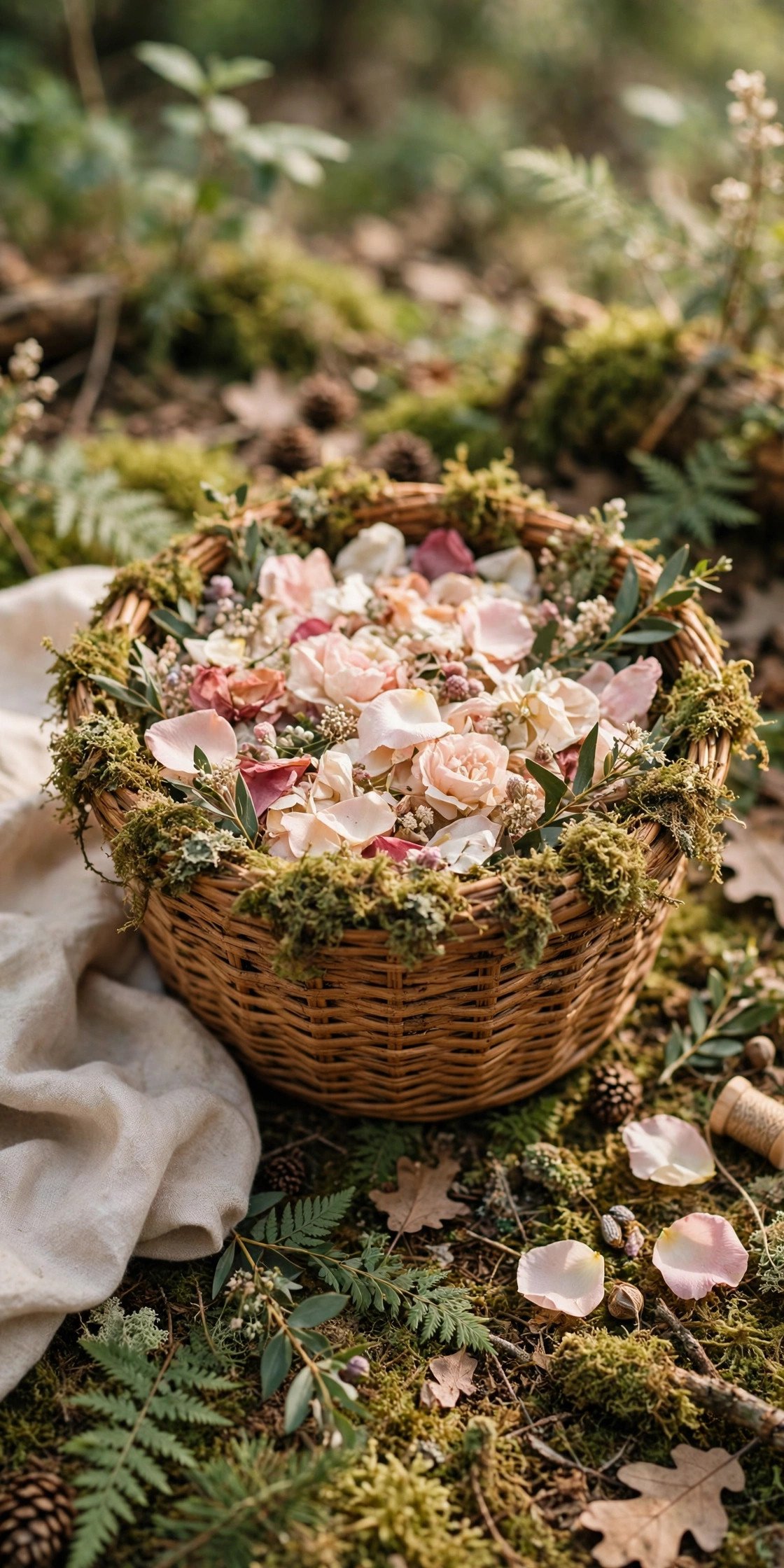 Basket lined with green moss and filled with petals at a woodland wedding