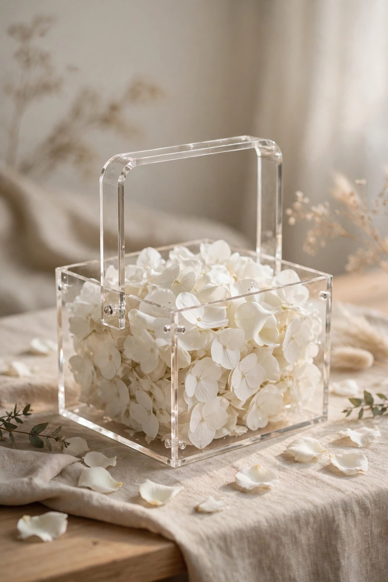 Clear acrylic flower girl basket at a modern minimalist wedding