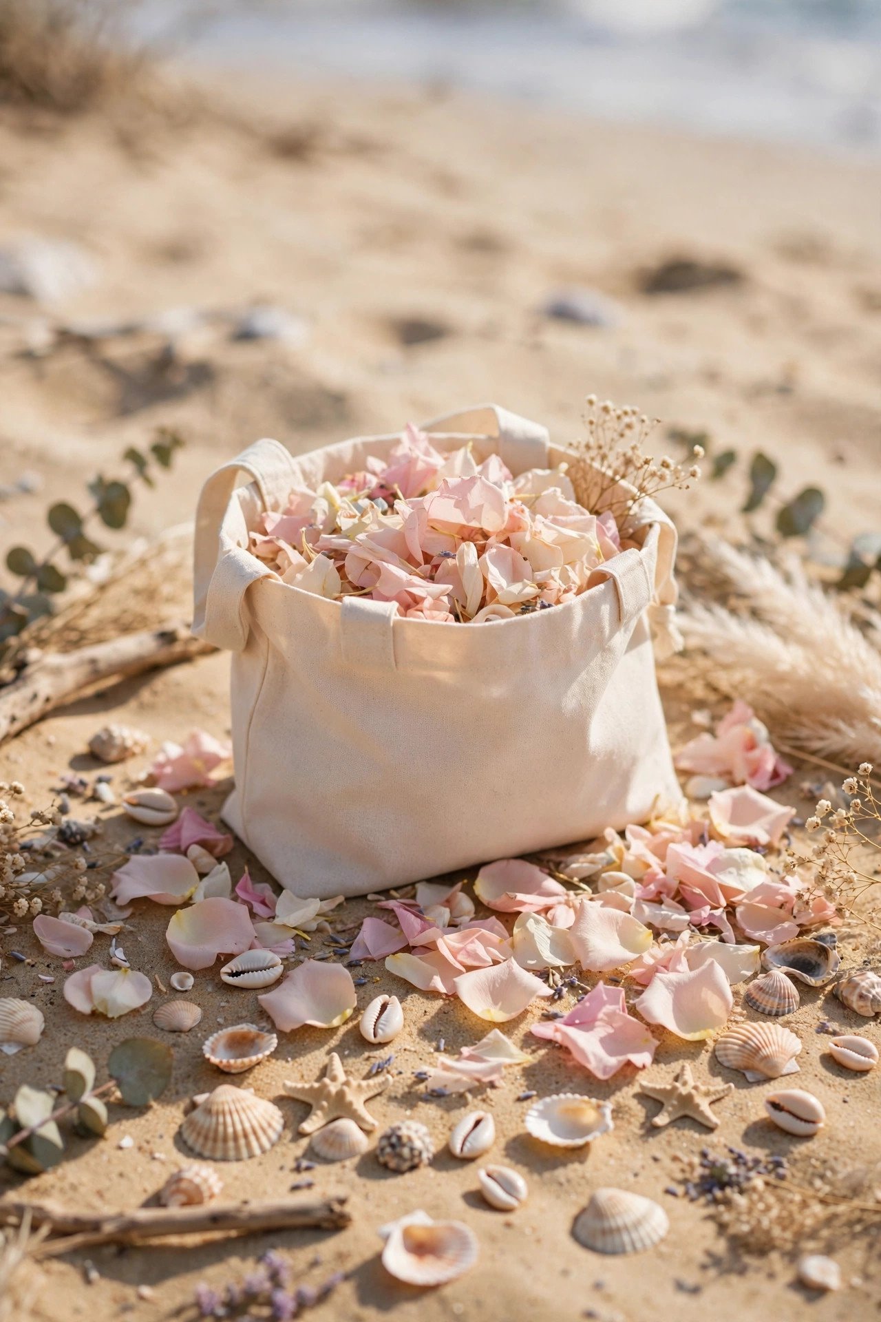 Flower girl carrying a small tote bag of petals at a beach wedding
