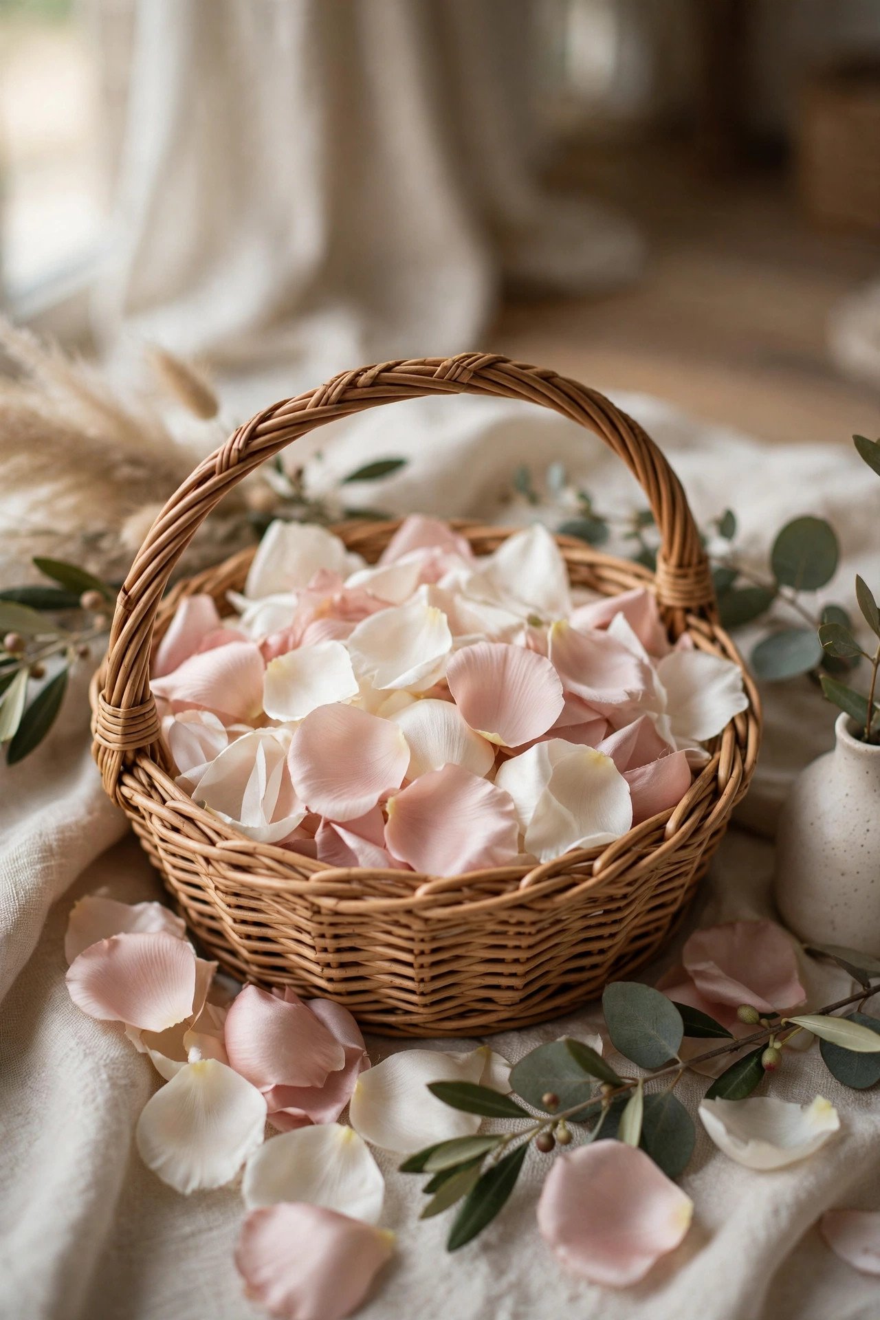 Flower girl basket filled with silk petals for an indoor ceremony