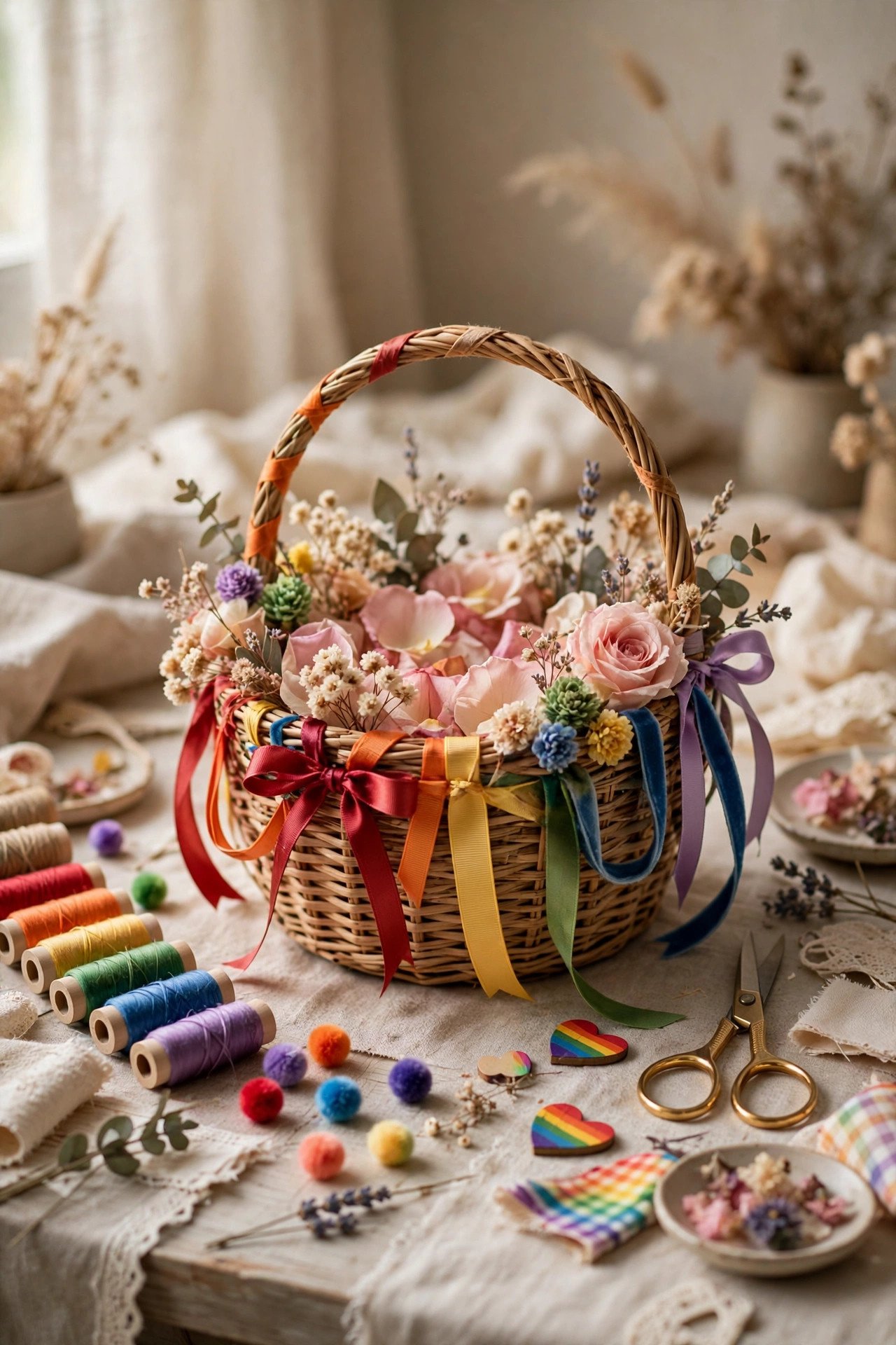 Flower girl proudly holding a basket she decorated with ribbons and stickers