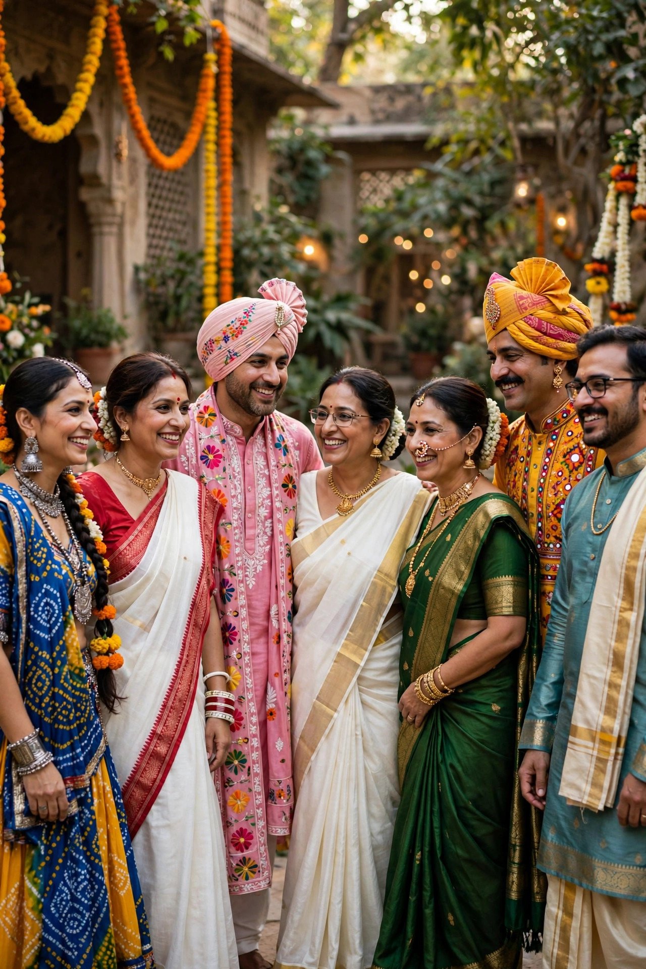 A diverse celebration with guests in colorful traditional outfits from different Indian regions