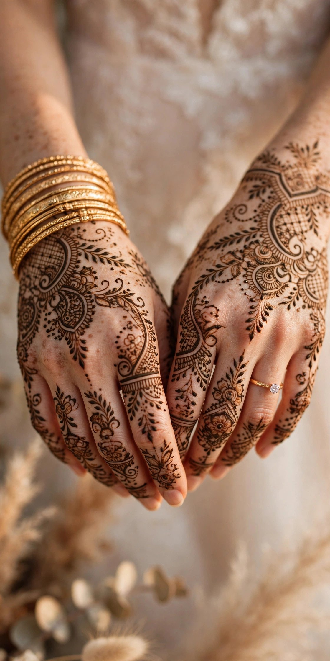 A bride's hands covered in intricate henna mehndi designs