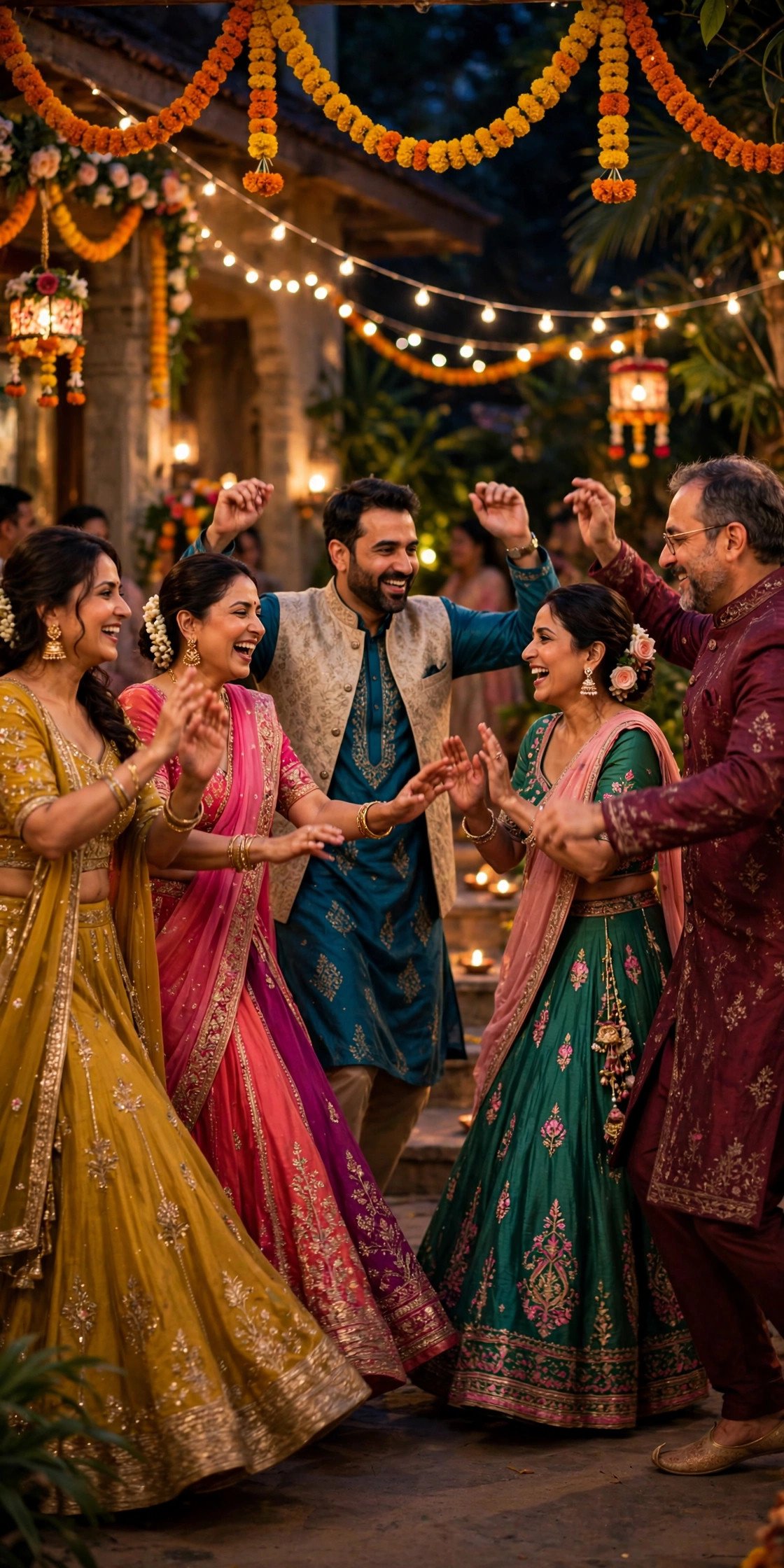 Family members performing a choreographed dance at a sangeet celebration