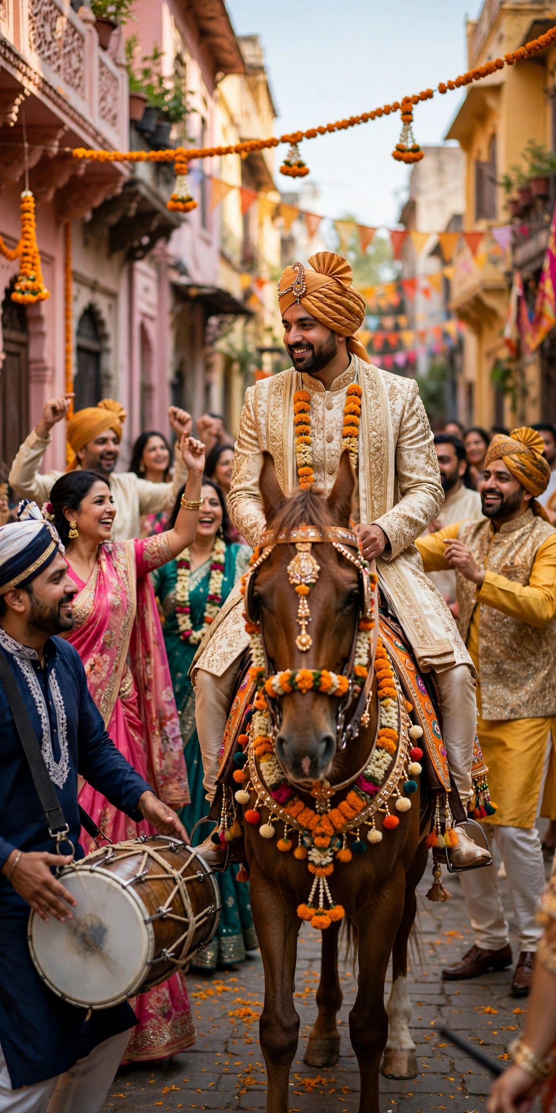 A groom on a decorated horse surrounded by dancing family in the baraat procession, with a dhol drummer