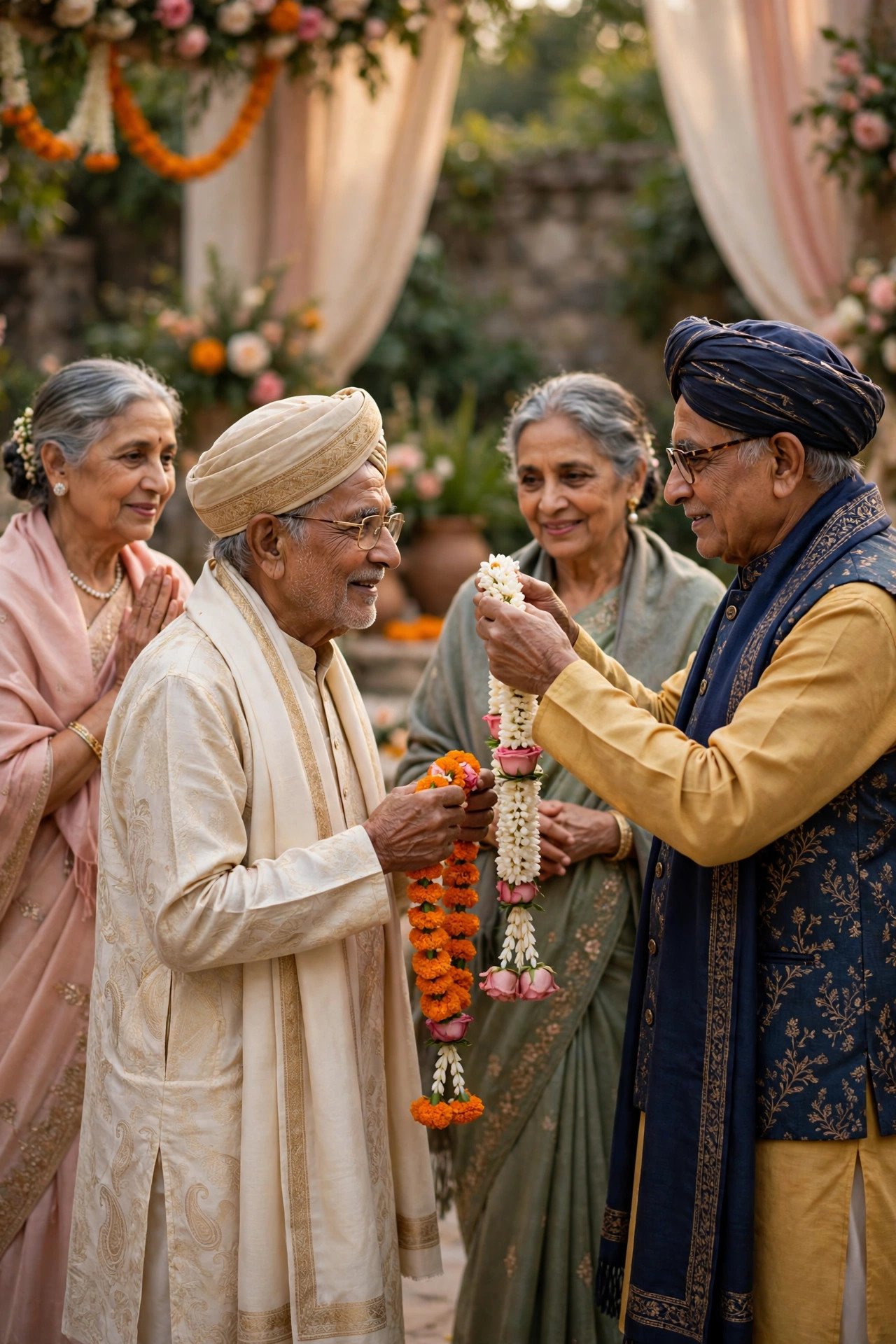 Elders of two families exchanging garlands during the milni welcome ceremony